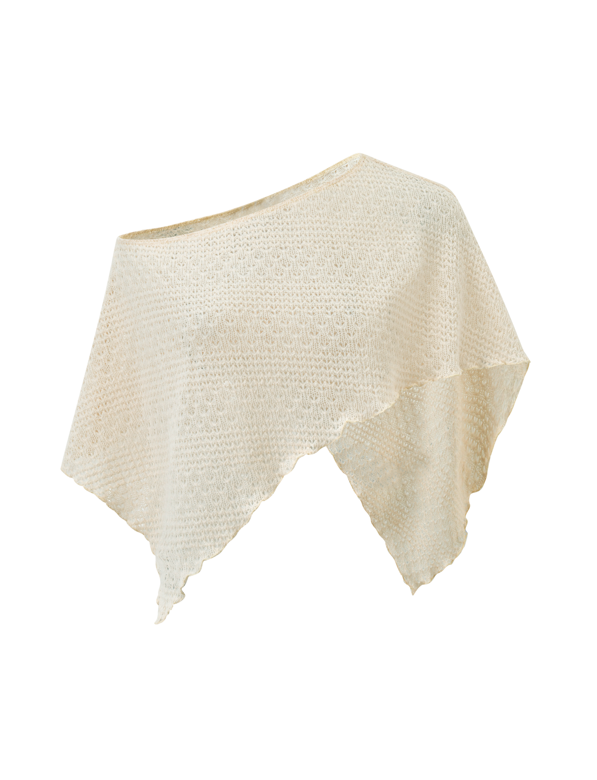 The FAIRLEE PONCHO in cream by TIGERMIST features an asymmetrical crochet knit with a textured pattern and pointed hem, perfect as a lightweight beach cover-up. Displayed on a plain white background.