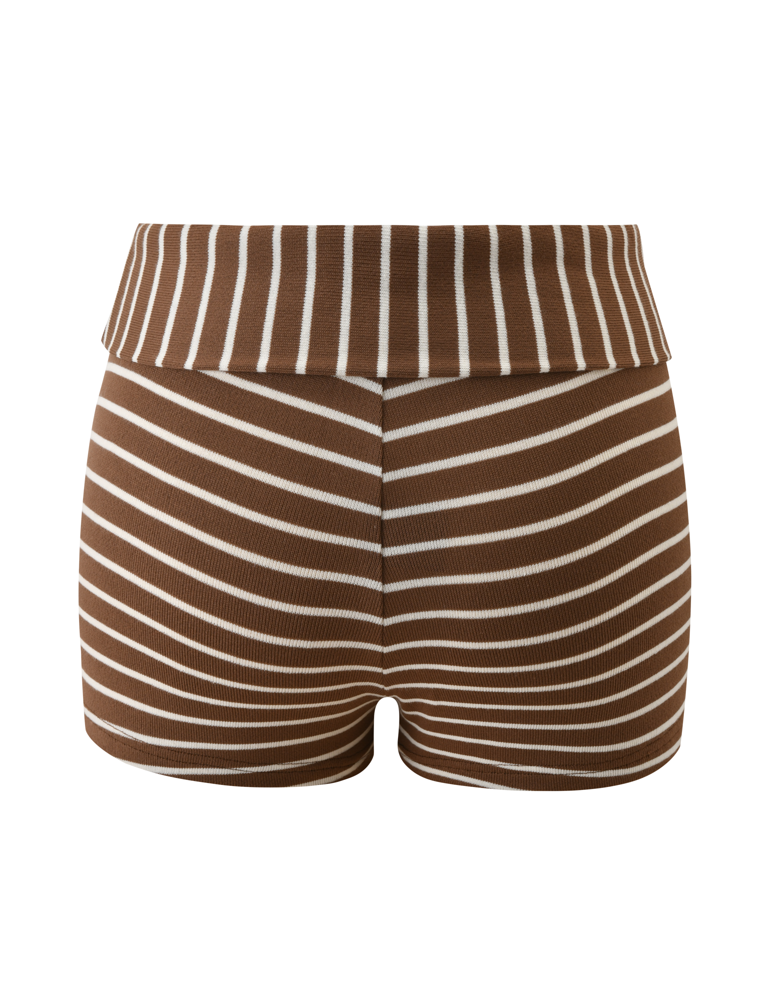 The TIGERMIST BODE STRIPED SHORT in cream/brown features a wide, foldover waistband with horizontal stripes that contrast with the chevron-patterned mini shorts, all set against a plain white background.
