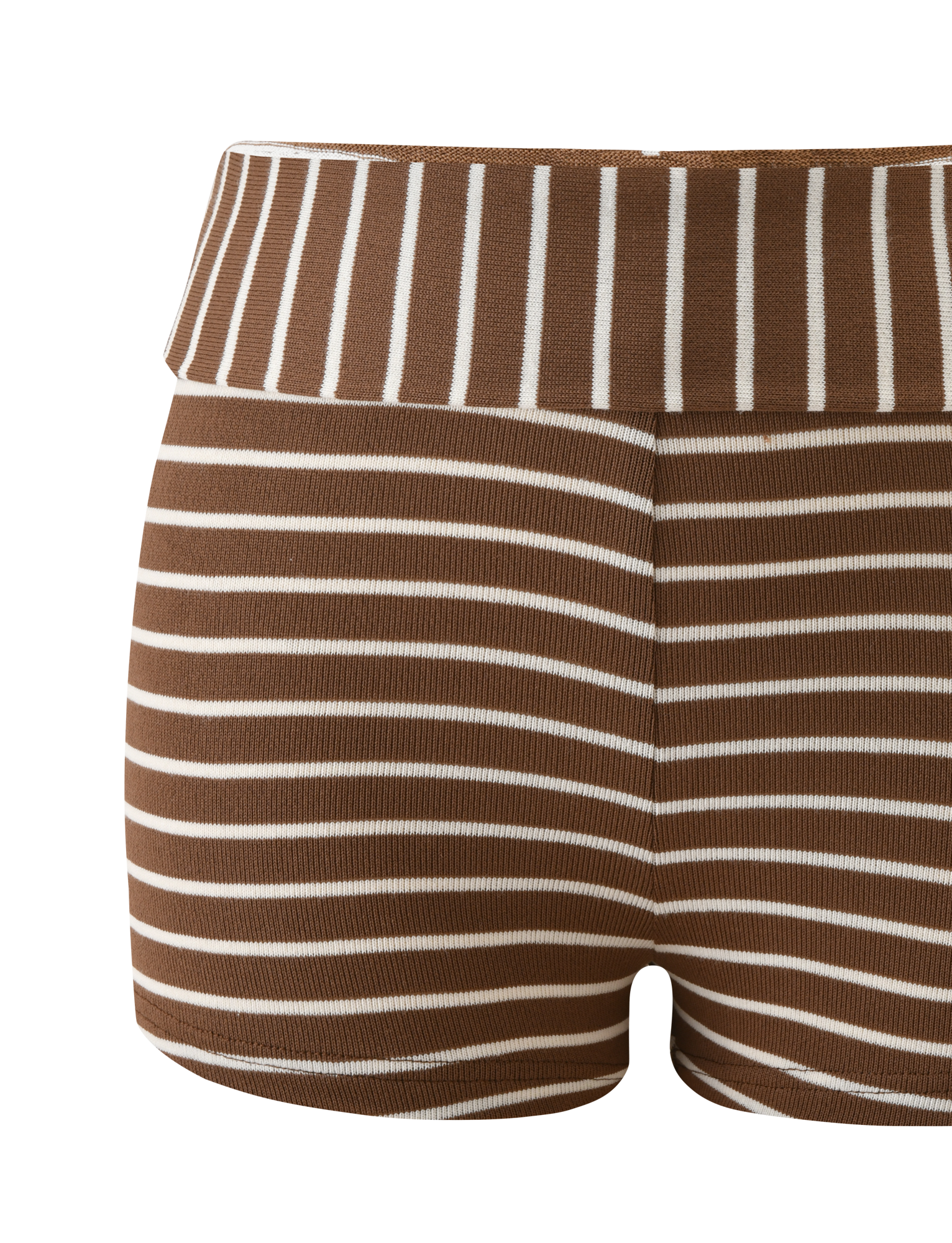 The BODE STRIPED SHORT by TIGERMIST in cream/brown stripe features a wide foldover waistband, a fitted ribbed texture, and white stripes—perfect for casual, everyday lounging.