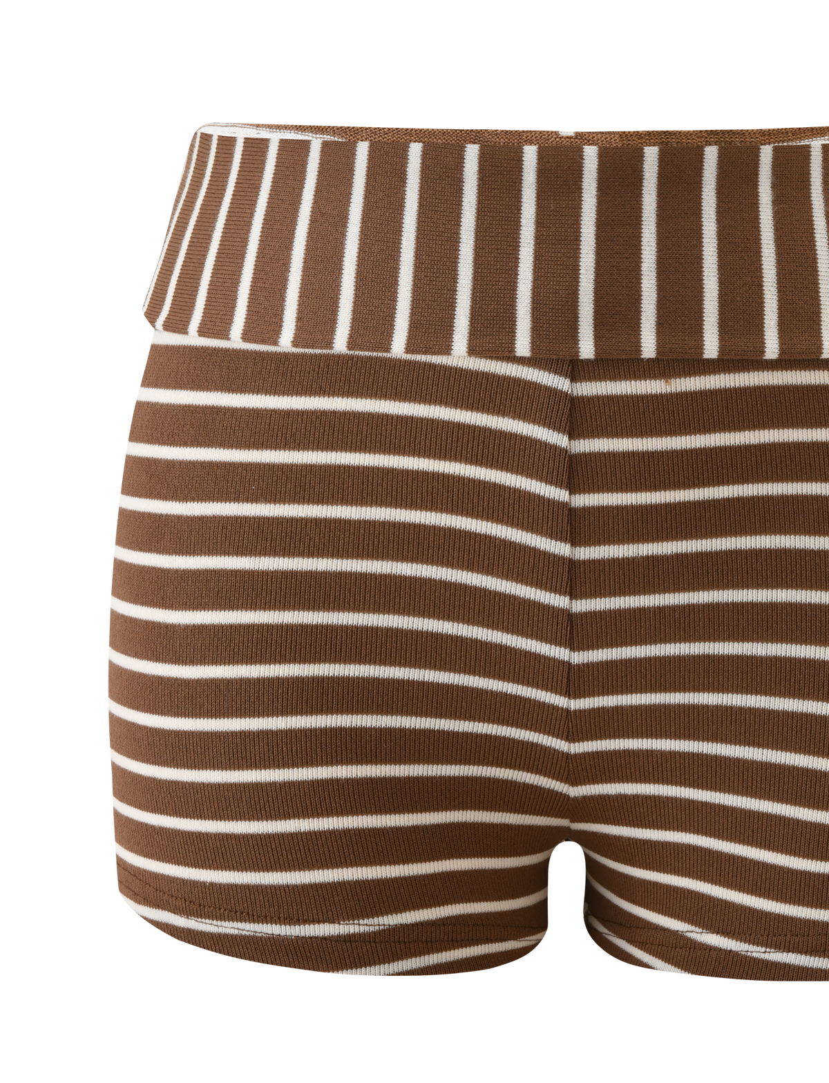 The TIGERMIST BODE STRIPED SHORT features cream and brown horizontal stripes of varying widths and a wide foldover waistband, shown against a plain white background.