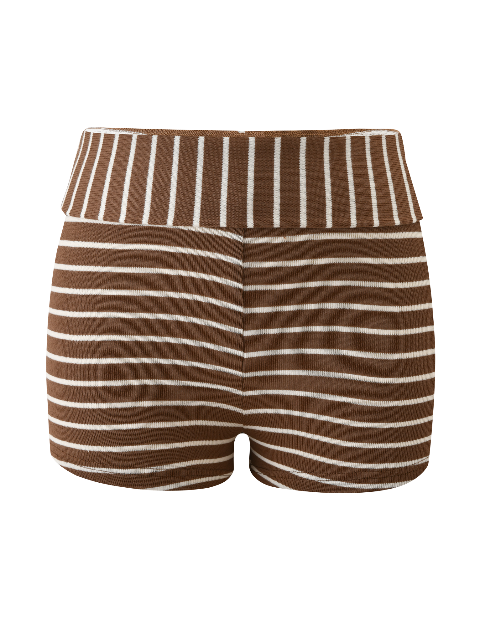 The BODE STRIPED SHORT by TIGERMIST features cream and brown stripes with a wide vertical-striped foldover waistband, shown against a plain white background.