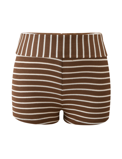 The BODE STRIPED SHORT by TIGERMIST features cream and brown stripes with a wide vertical-striped foldover waistband, shown against a plain white background.