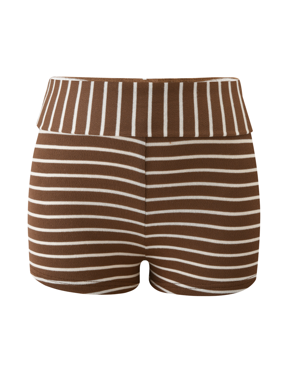 The BODE STRIPED SHORT by TIGERMIST features cream and brown horizontal stripes, a form-fitting silhouette, and a high foldover waistband with contrasting vertical stripes, shown against a white background.