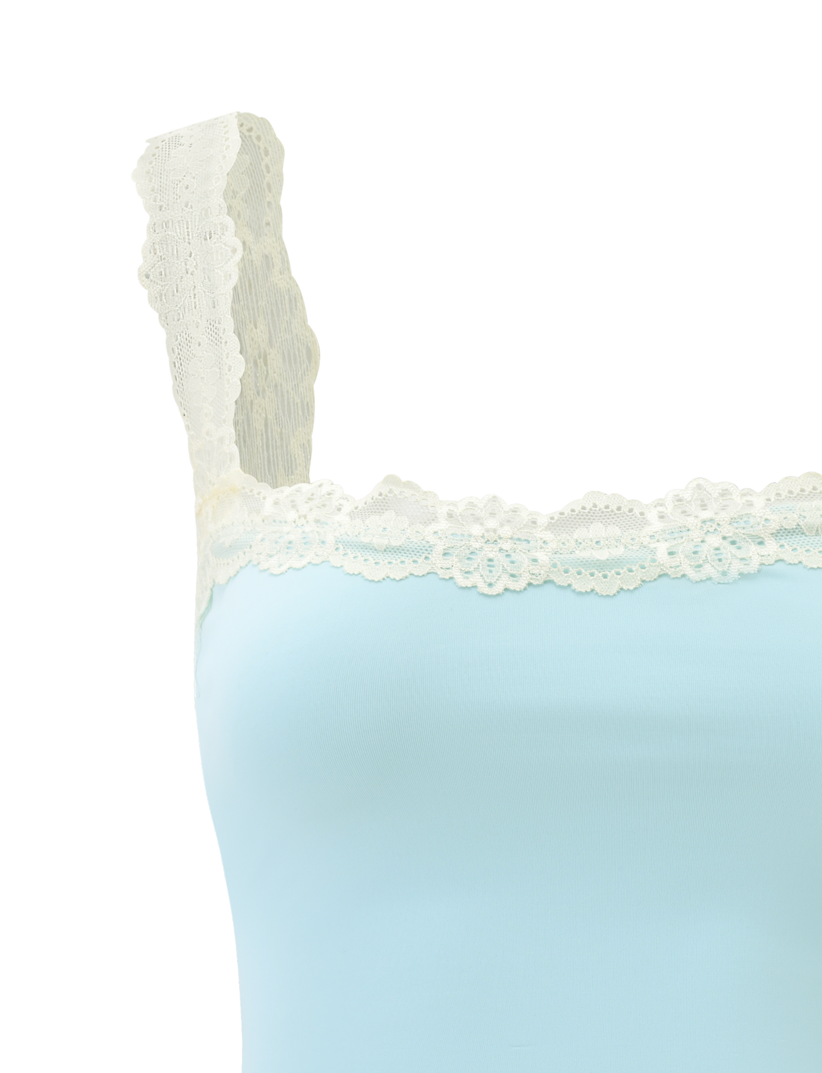 The TIGERMIST NOVA TOP - BLUE is a baby blue fitted tank with floral lace straps and a wide cream trim on the square neckline, shown against a plain white background.