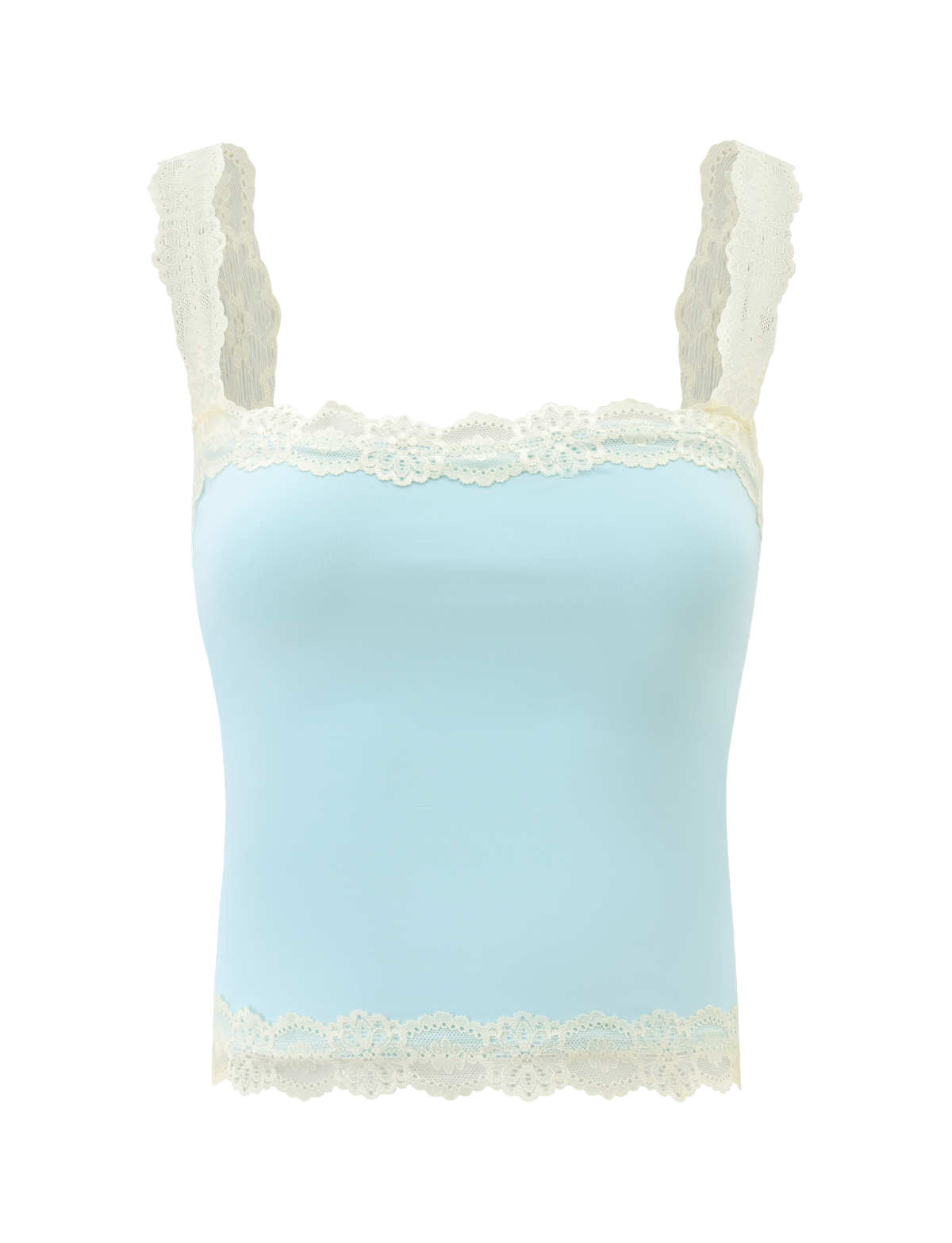 The NOVA TOP - BLUE by TIGERMIST is a baby blue fitted tank with floral lace straps and delicate white lace trim on the square neckline and hem, shown against a plain white background.