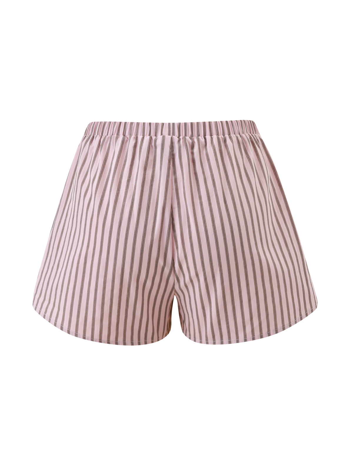 The EZRA SHORT - PINK STRIPE by TIGERMIST features pink and white vertical pinstripes, a high-waisted design, and an elastic waistband, shown against a plain white background.