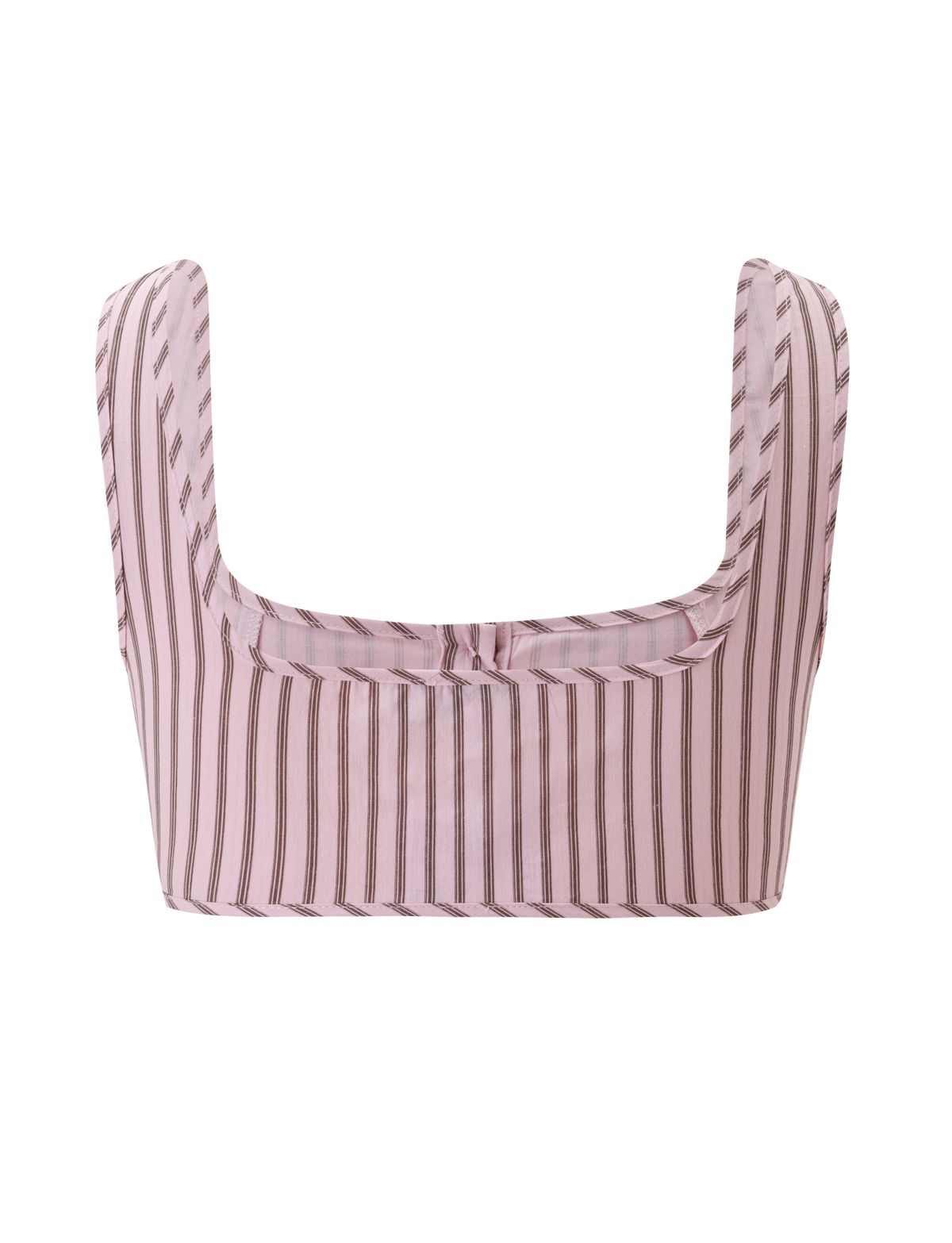 The EZRA TOP - PINK STRIPE by TIGERMIST features wide straps, a square neckline, and vertical brown pinstripes—ideal for a vintage look when paired with the matching Ezra Short. Shown against a plain white background.