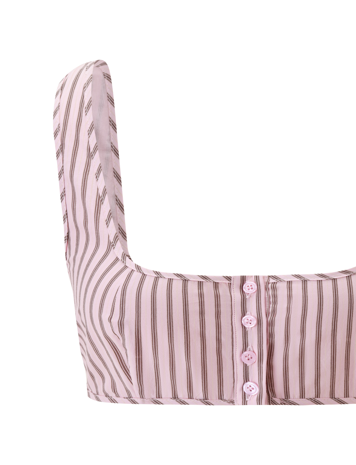 A cropped close-up of the TIGERMIST EZRA TOP - PINK STRIPE, featuring vertical brown stripes on light pink, pink buttons down the front—pairs perfectly with the matching Ezra Short.