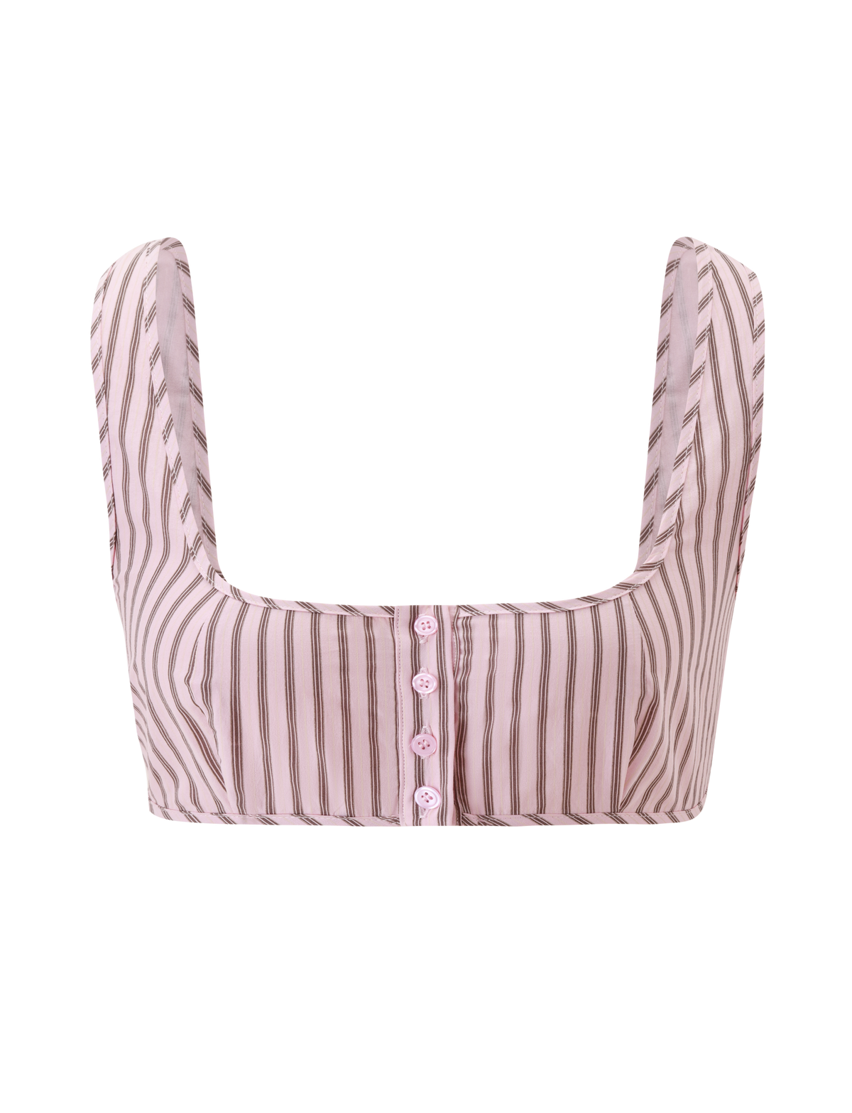 The TIGERMIST EZRA TOP - PINK STRIPE is a vintage-inspired crop top with wide straps, vertical pink and white stripes, and four pink buttons. Pair it with the matching Ezra Short for a coordinated look. Shown on a plain white background.