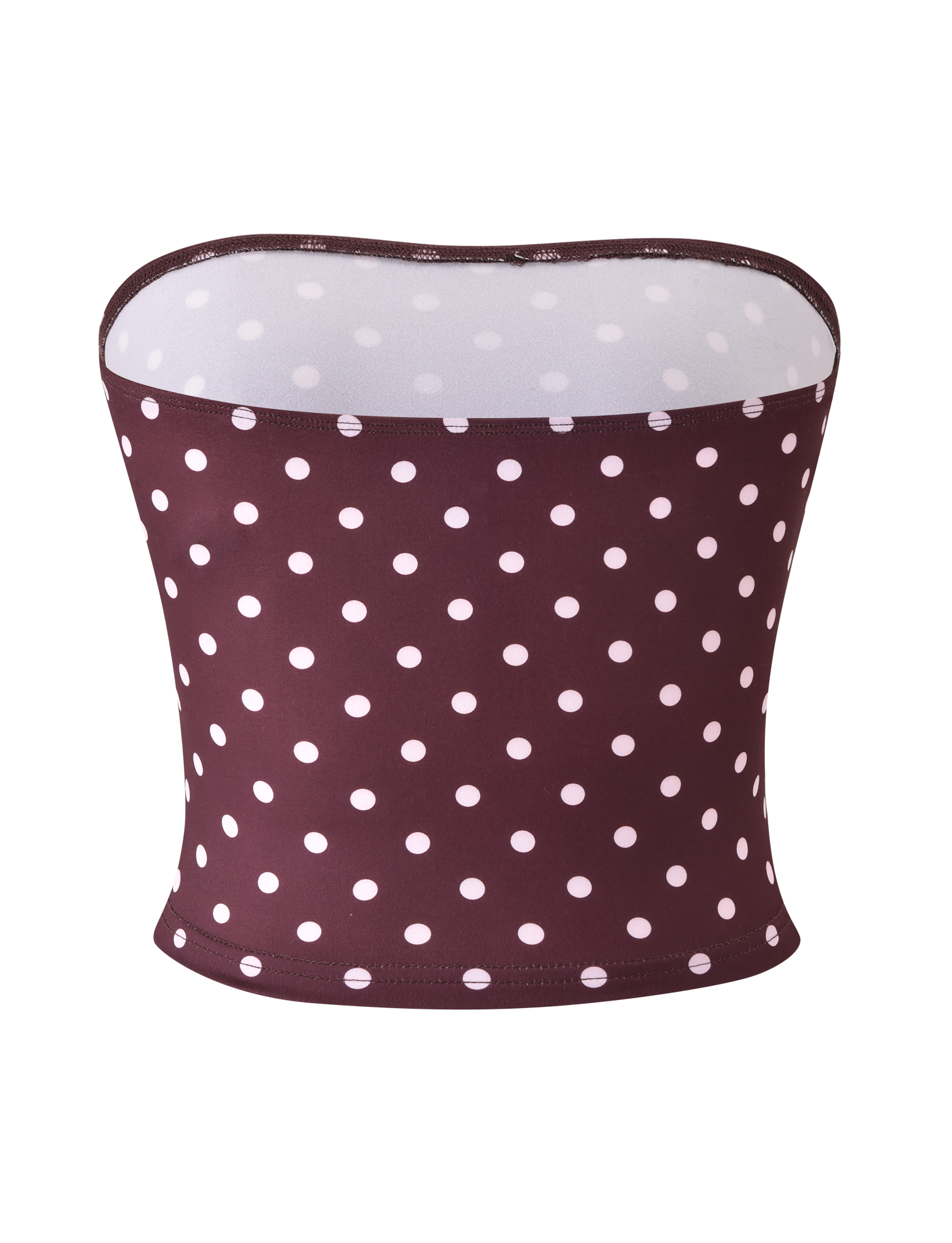 The TIGERMIST VALI POLKA DOT TOP - CHOCOLATE PINK DOT is a fitted, strapless tube top with pink polka dots on a chocolate base, displayed against a plain white background.