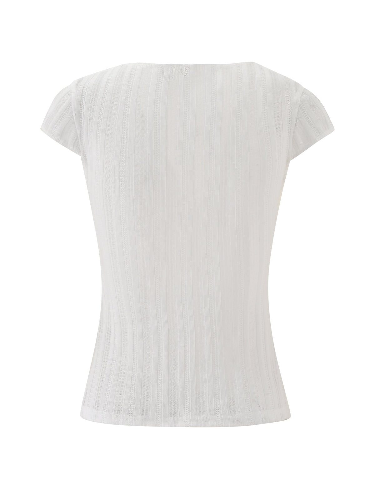 Back view of the LONA TOP - WHITE by TIGERMIST, a plain white, short-sleeved ribbed knit top. This shirt showcases a subtle vertical stripe texture reminiscent of a striped cap sleeve top and features a simple, fitted design with a slightly curved hem. Set against a plain white background.