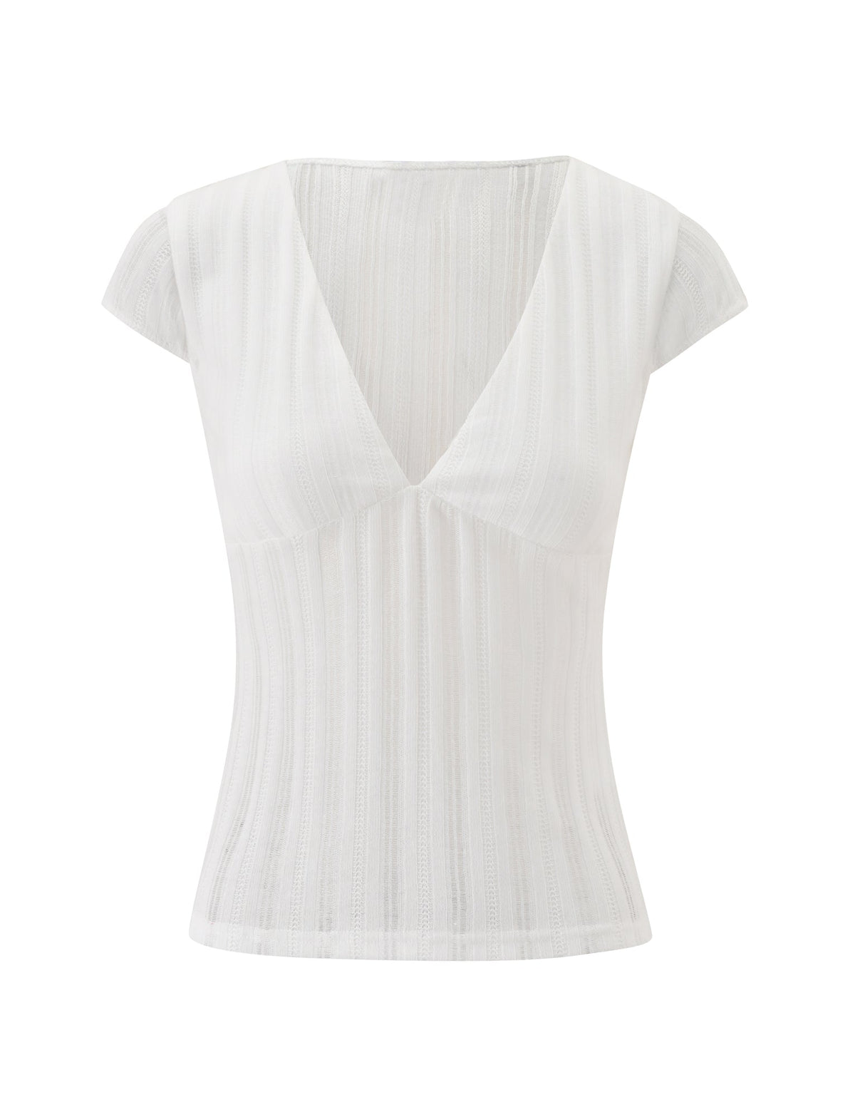 The LONA TOP - WHITE by TIGERMIST is a short-sleeved, white fitted ribbed top featuring a V-neckline and vertical textured lines, shown against a plain white background.