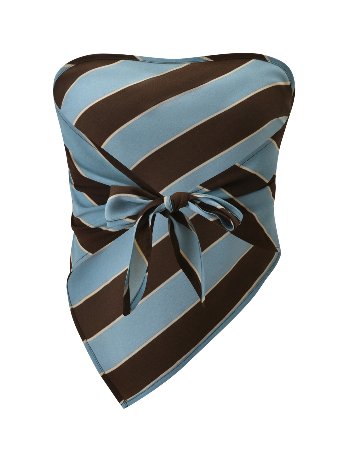 The LENIN SCARF TOP by TIGERMIST is a strapless, asymmetrical vintage top with wide diagonal blue and brown stripes, detailed with a front waist tie.