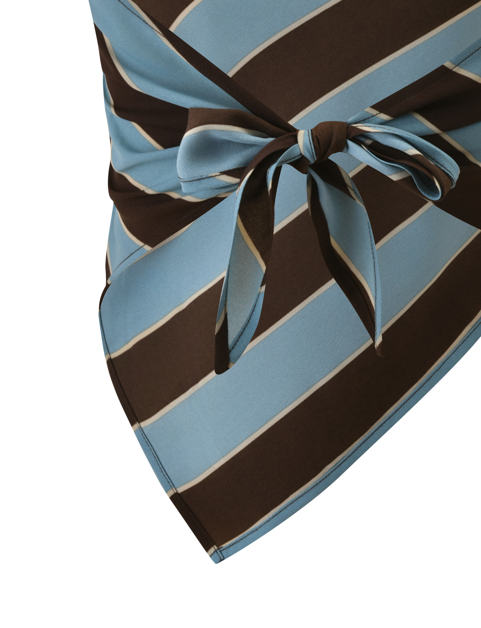 Close-up of the TIGERMIST LENIN Scarf Top, showcasing diagonal blue and brown stripes and a front tied knot detail.