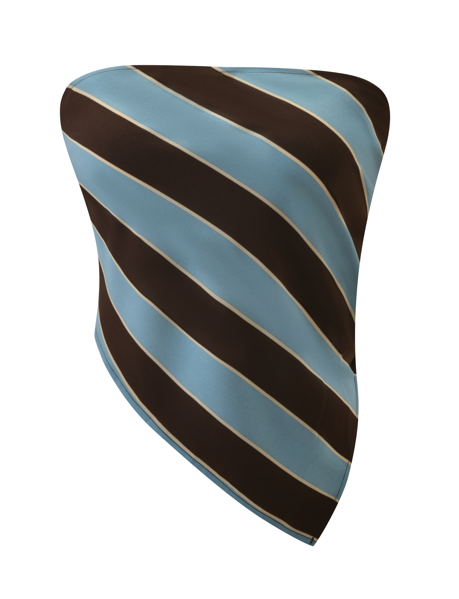 The TIGERMIST LENIN SCARF TOP features a strapless, asymmetrical vintage design with wide brown and light blue diagonal stripes divided by thin white lines, shown on a white background.