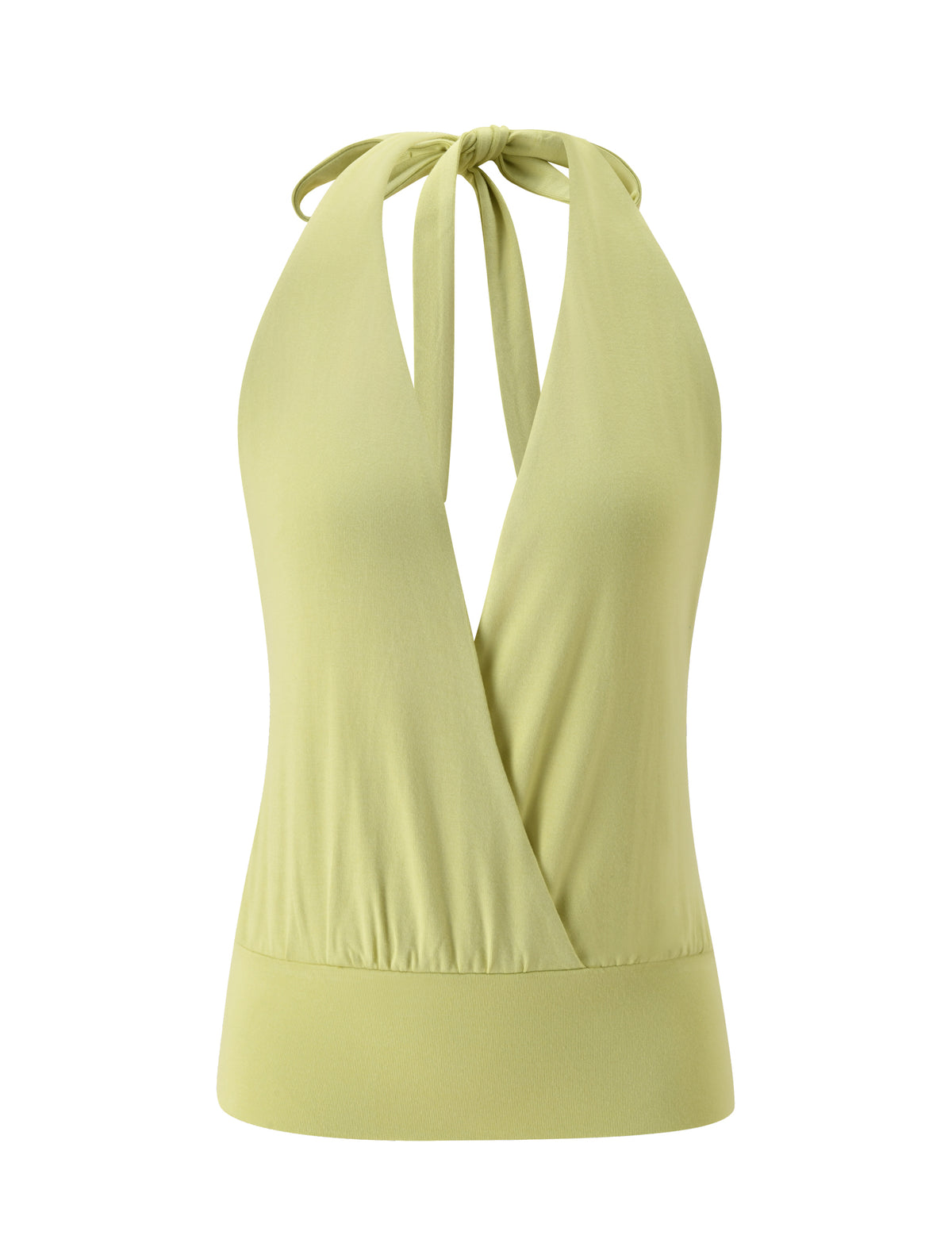 LYDIAH TOP - PISTACHIO halter-neck top with a deep V-neckline and a gathered surplice waist.