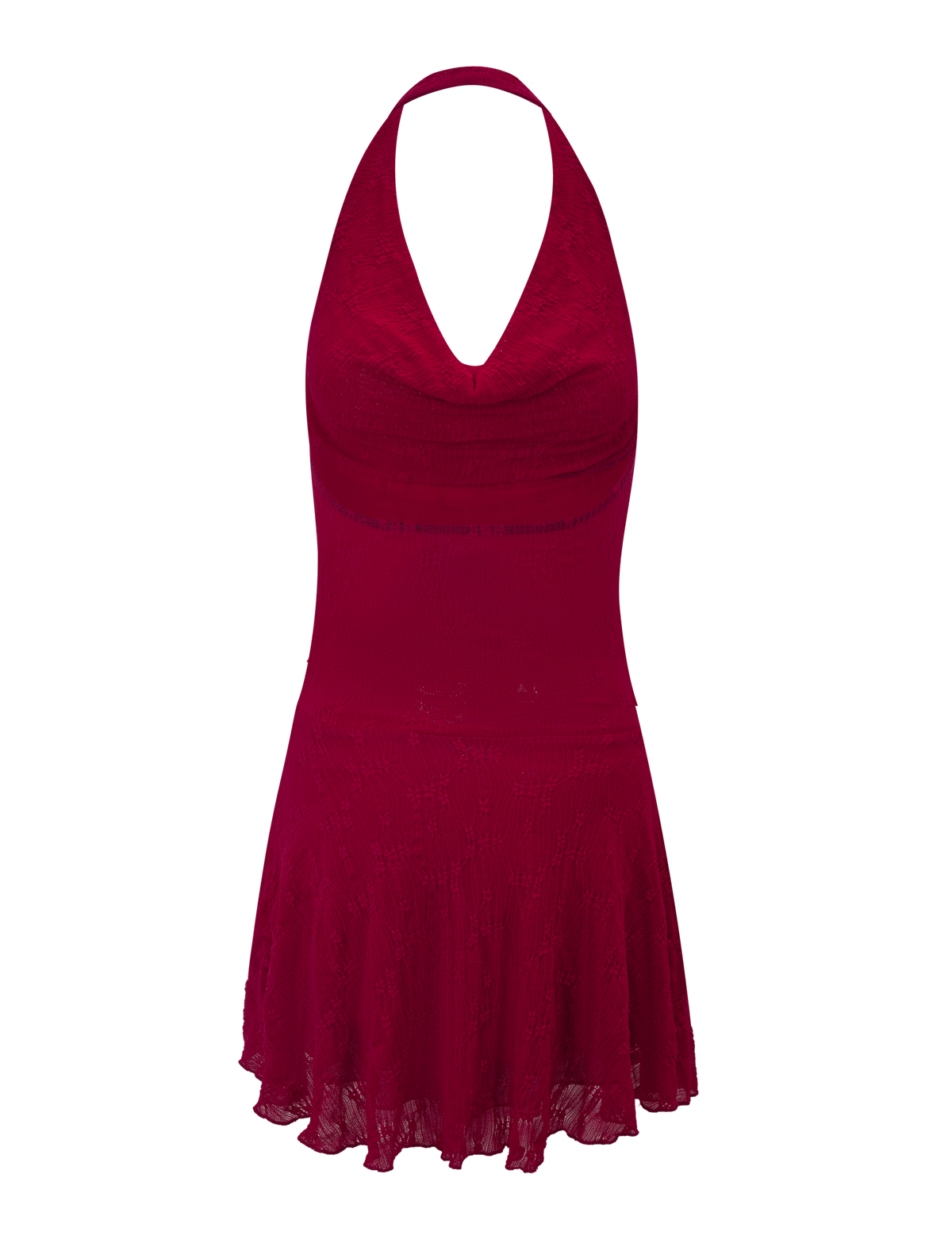 The TIGERMIST FIORELLA DRESS - RED LACE is a sleeveless red halter mini with a fitted bodice, flared skirt, deep V-neckline, and textured semi-sheer lace, shown on a plain white background.