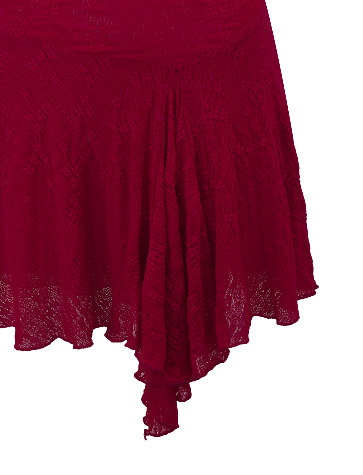 A close-up of the TIGERMIST FIORELLA DRESS - RED LACE showcases its textured red skirt with an asymmetrical, ruffled hem against a white background.