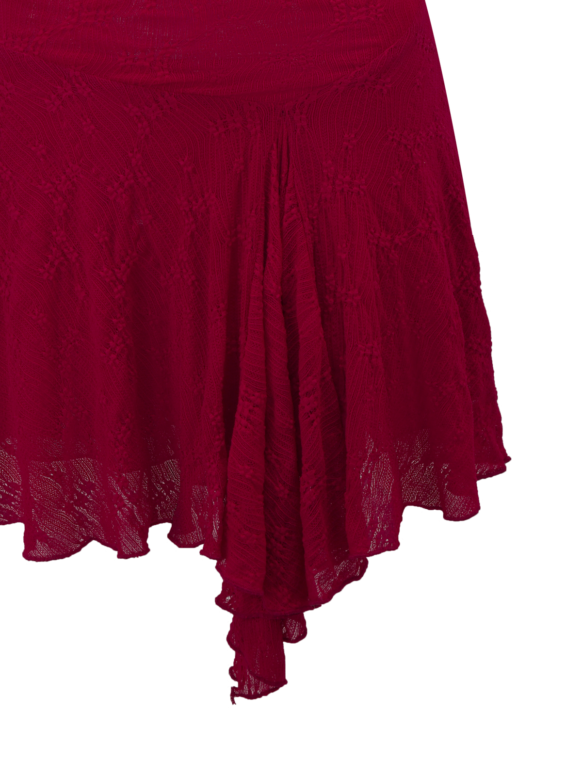 A close-up of the TIGERMIST FIORELLA DRESS - RED LACE showcases its textured red skirt with an asymmetrical, ruffled hem against a white background.