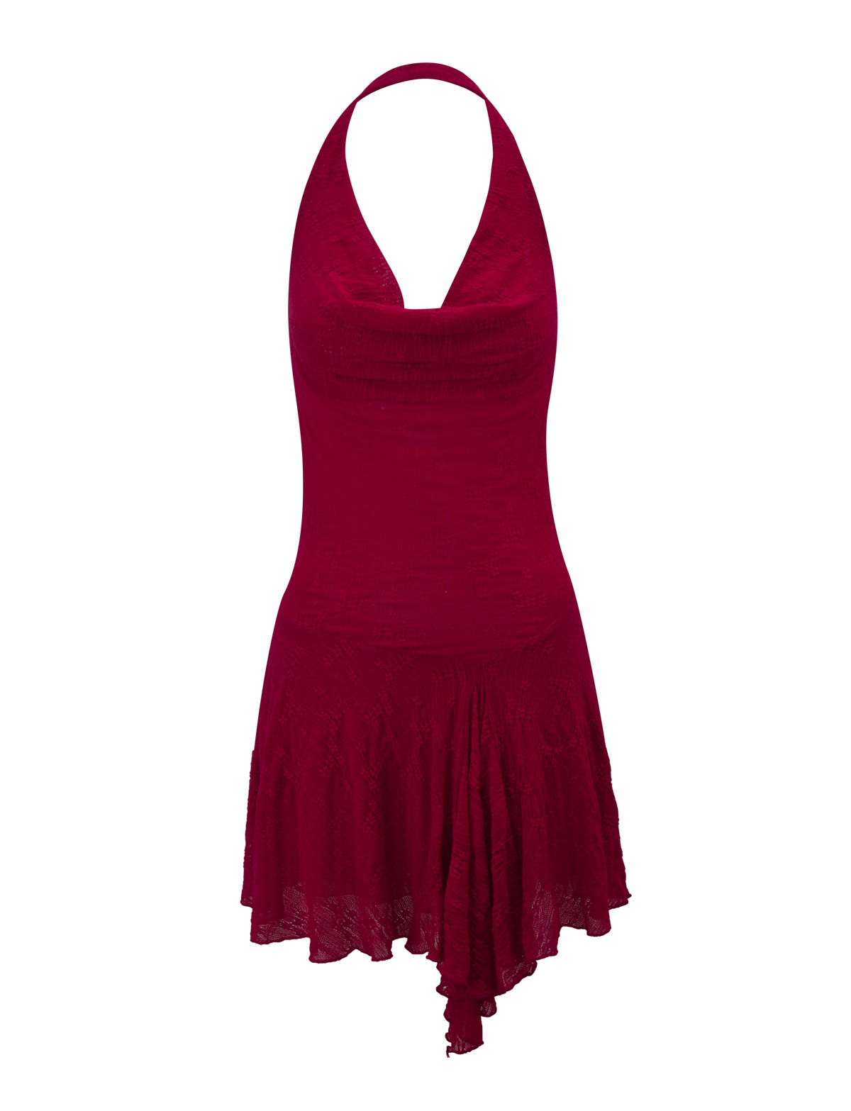 The FIORELLA DRESS - RED LACE by TIGERMIST is a sleeveless halter-neck dress featuring a fitted bodice, asymmetrical handkerchief hemline, and lightweight textured fabric in deep red.