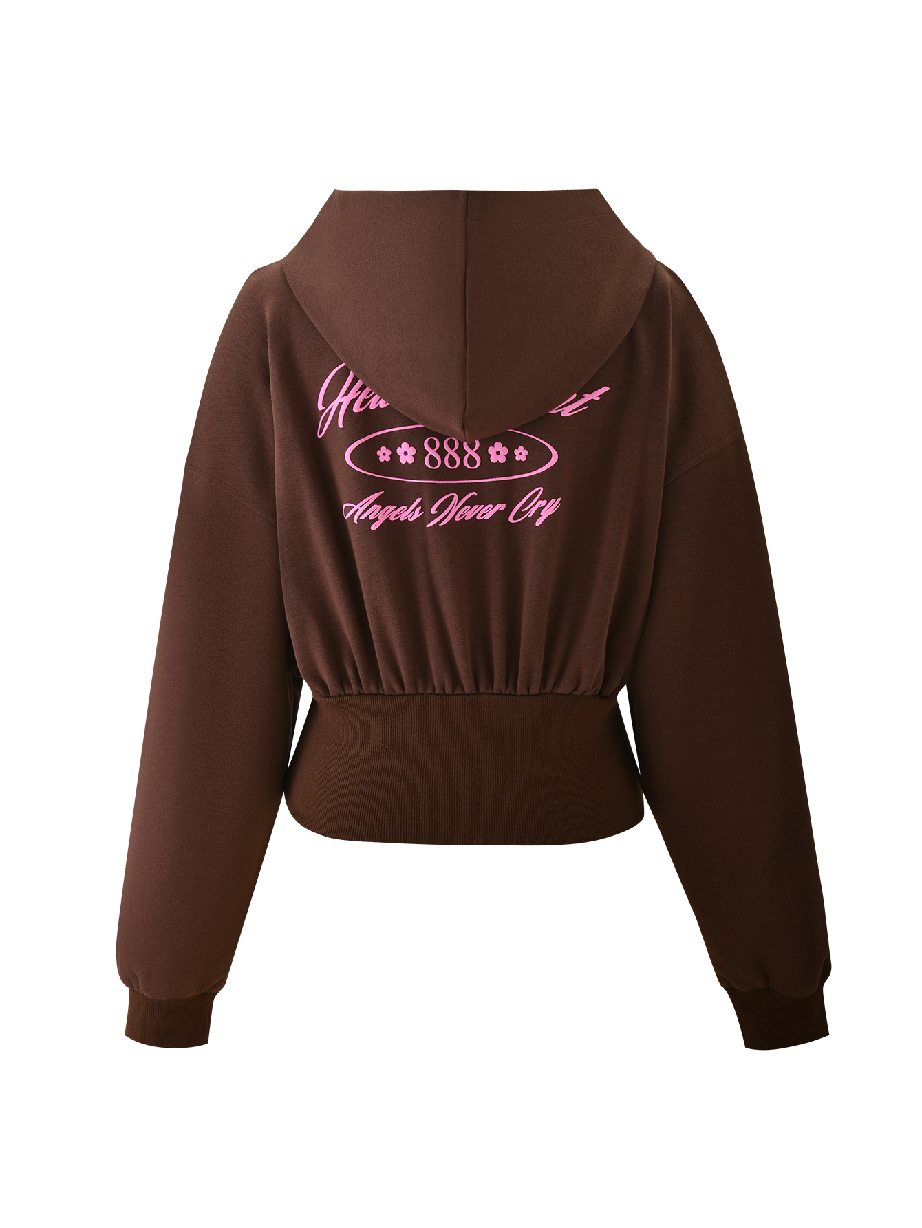 The TIGERMIST MERRYN HOODIE - CHOCOLATE is a brown cropped hoodie with long sleeves, a hood, and pink puff print script and "888 Angel Wear Cry" decorative designs on the back.