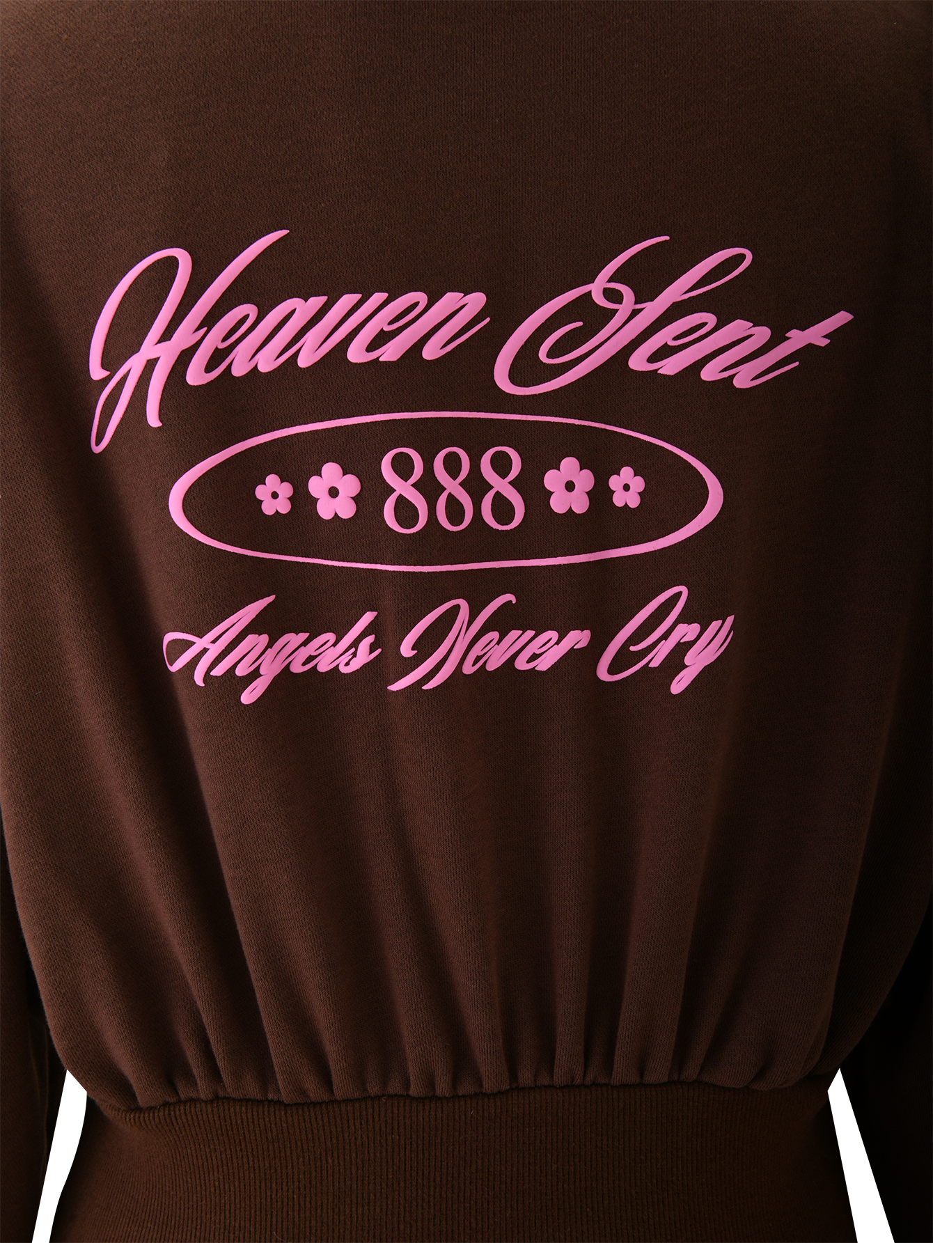 Back of the TIGERMIST MERRYN HOODIE - CHOCOLATE, featuring pink puff print "Heaven Sent 888 Angels Never Cry" with flower icons above an elastic waistband.