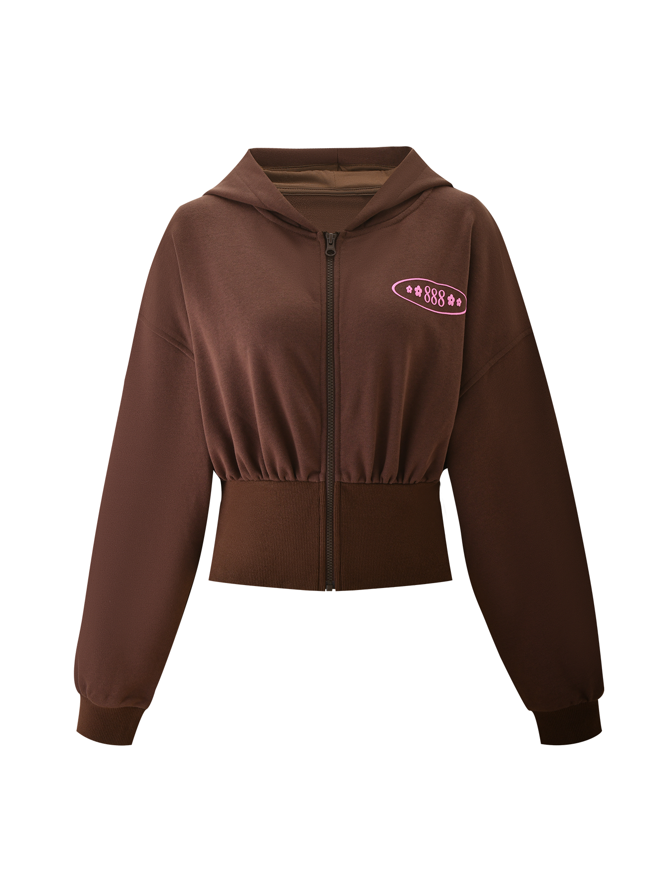 The TIGERMIST MERRYN HOODIE - CHOCOLATE is a brown zip-up cropped hoodie with long sleeves, a hood, ribbed cuffs, wide waistband, and a pink "888" puff print with small stars on the left chest.