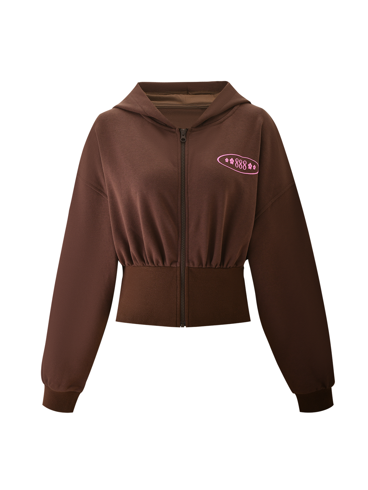 The TIGERMIST MERRYN HOODIE - CHOCOLATE is a brown zip-up cropped hoodie with long sleeves, a hood, ribbed cuffs, wide waistband, and a pink "888" puff print with small stars on the left chest.