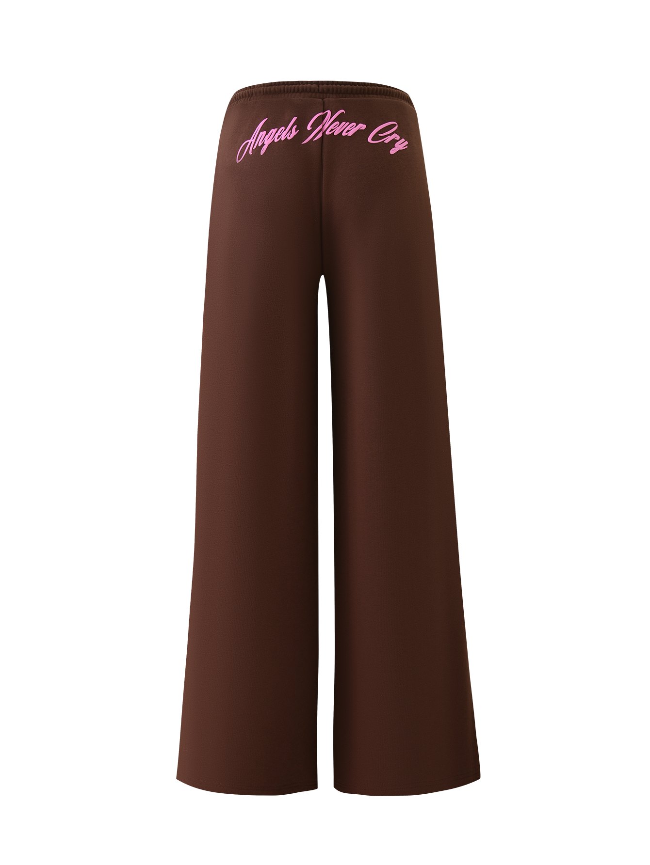 The MERRYN TRACK PANT - CHOCOLATE from TIGERMIST features a wide-leg fit, elastic waistband, and “Angels Never Cry” in pink script on the back—your must-have chocolate tracksuit piece for style and comfort.