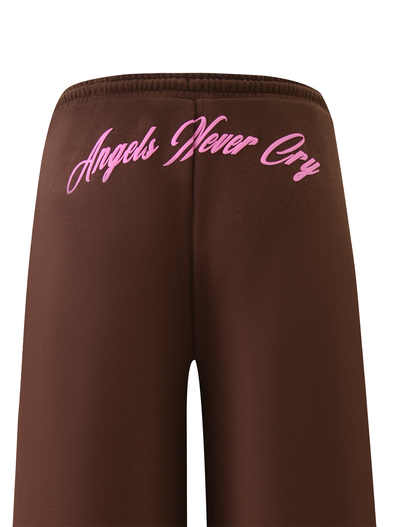 The TIGERMIST MERRYN TRACK PANT - CHOCOLATE features a brown wide-leg design with pink cursive "Angels Never Cry" text on the back, displayed against a white background.