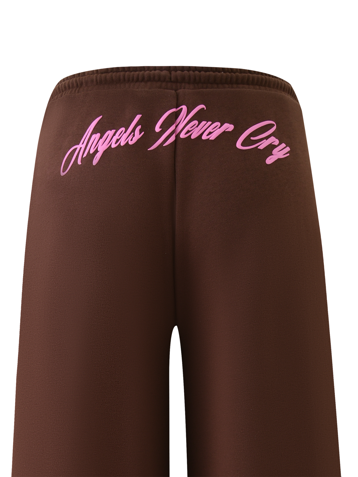 The TIGERMIST MERRYN TRACK PANT - CHOCOLATE features a brown wide-leg design with pink cursive "Angels Never Cry" text on the back, displayed against a white background.