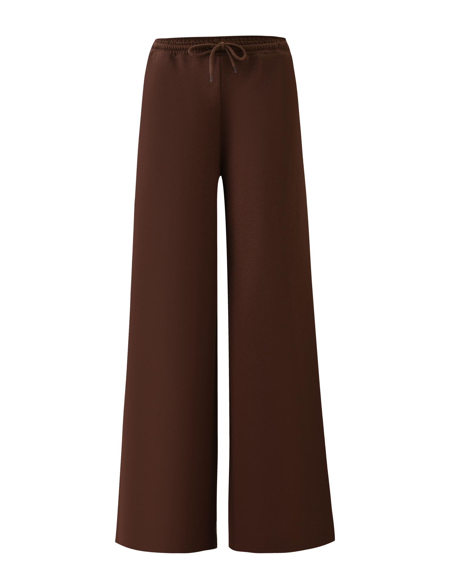 TIGERMIST's MERRYN TRACK PANT in chocolate features a wide leg, elastic waistband with drawstring, and a relaxed fit. Displayed against a white background, these pants have no pockets or embellishments for a clean, minimalist look.
