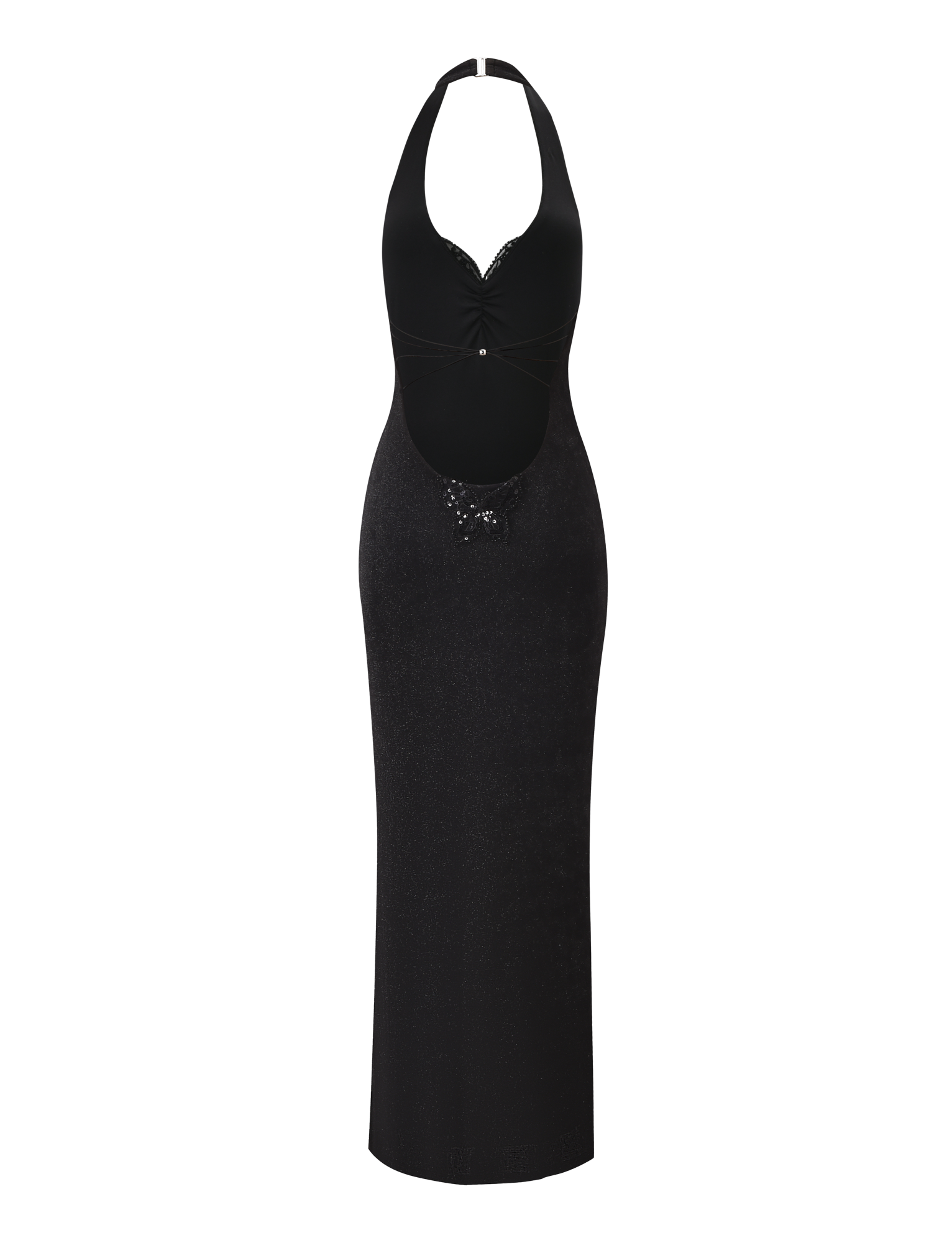 The ASTORIA MAXI DRESS by TIGERMIST is a fitted black glitter maxi dress with a halter neck, under-bust cut-out, and butterfly sequin details on the bodice and front for a sleek, elegant look.