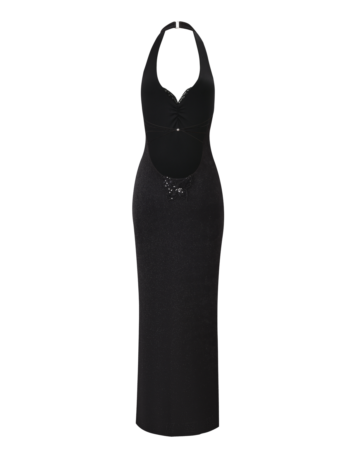 The ASTORIA MAXI DRESS by TIGERMIST is a fitted black glitter maxi dress with a halter neck, under-bust cut-out, and butterfly sequin details on the bodice and front for a sleek, elegant look.