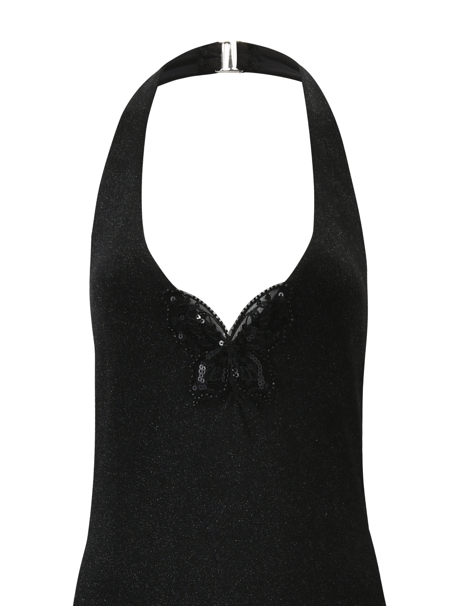 The TIGERMIST ASTORIA MAXI DRESS in black is a sleeveless, bodycon halter dress with a deep neckline, sequin butterfly detail on the chest, and a silver clasp closure at the neck.