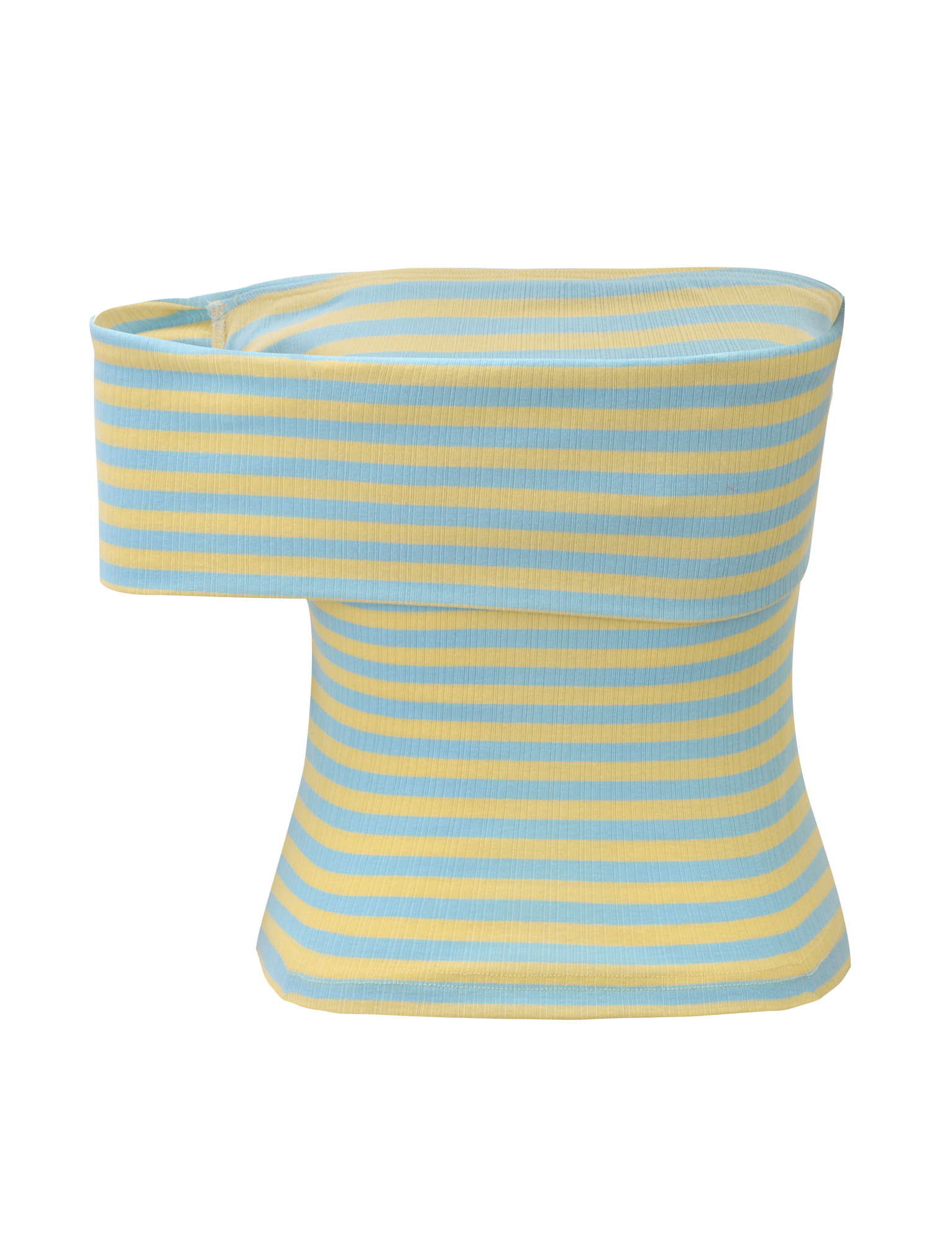 The LISETTE TOP - YELLOW STRIPE by TIGERMIST, shown at an angle against a white background, features vibrant yellow stripes—ideal for sunny days and perfect with a wide-brim visor hat.