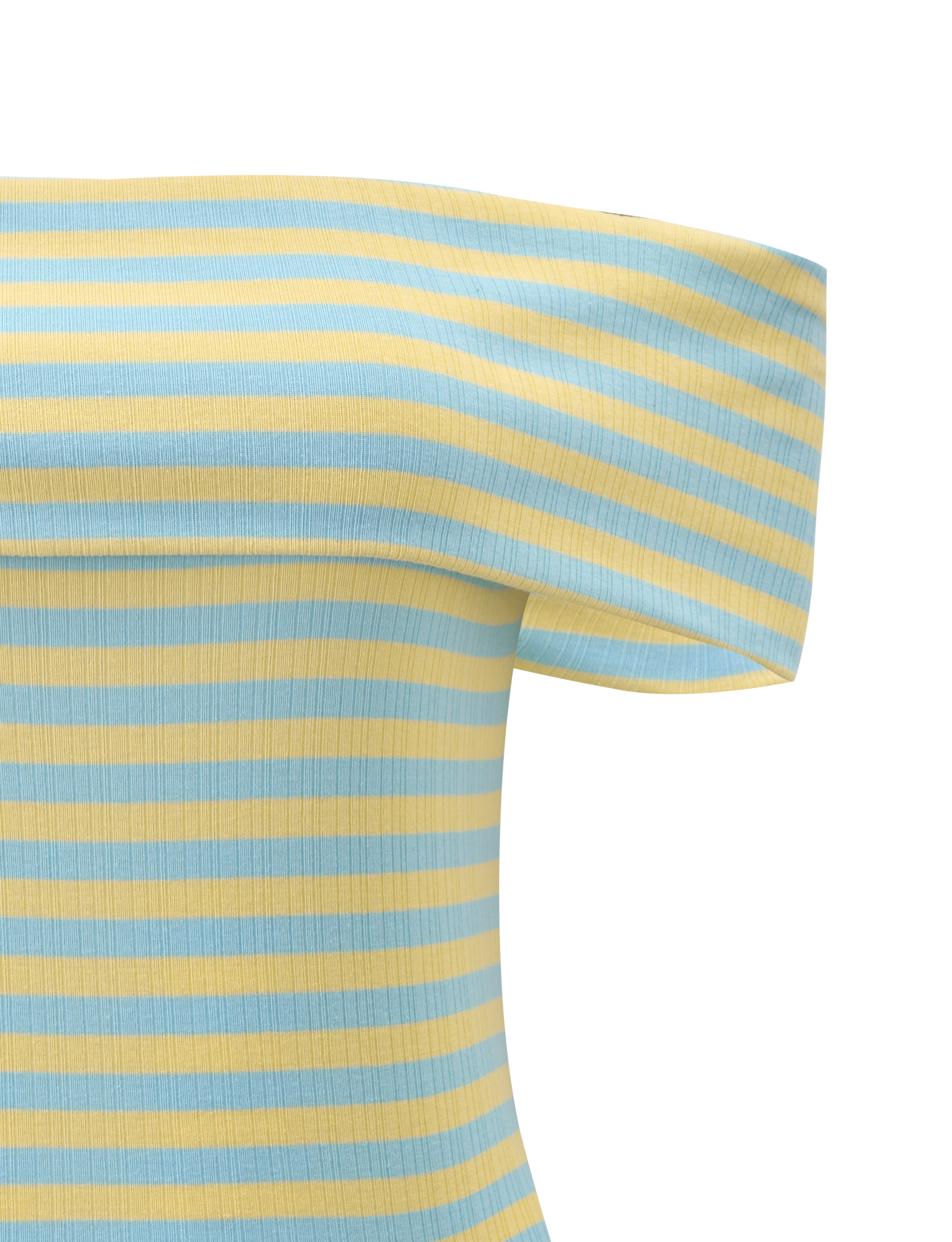 The LISETTE TOP by TIGERMIST features light blue and yellow stripes on ribbed, fitted fabric with an off-the-shoulder, asymmetrical neckline, highlighting its stylish stretch and bold design.
