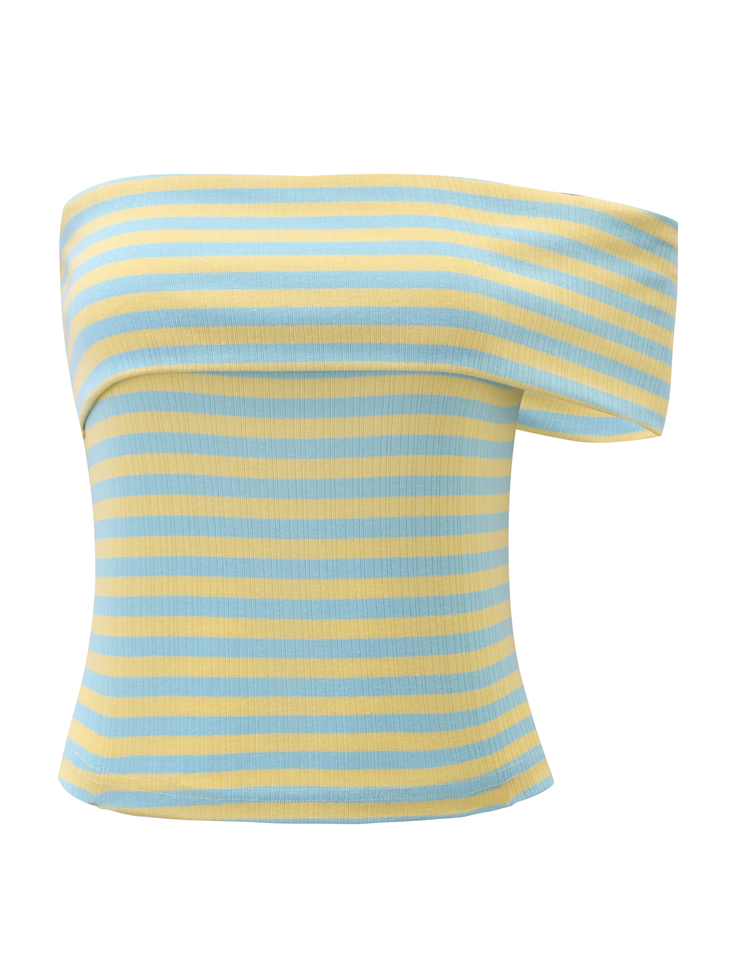 The LISETTE TOP - YELLOW STRIPE by TIGERMIST features pastel yellow and light blue stripes, an asymmetrical off-the-shoulder neckline, fitted silhouette, and short sleeves for a chic look.