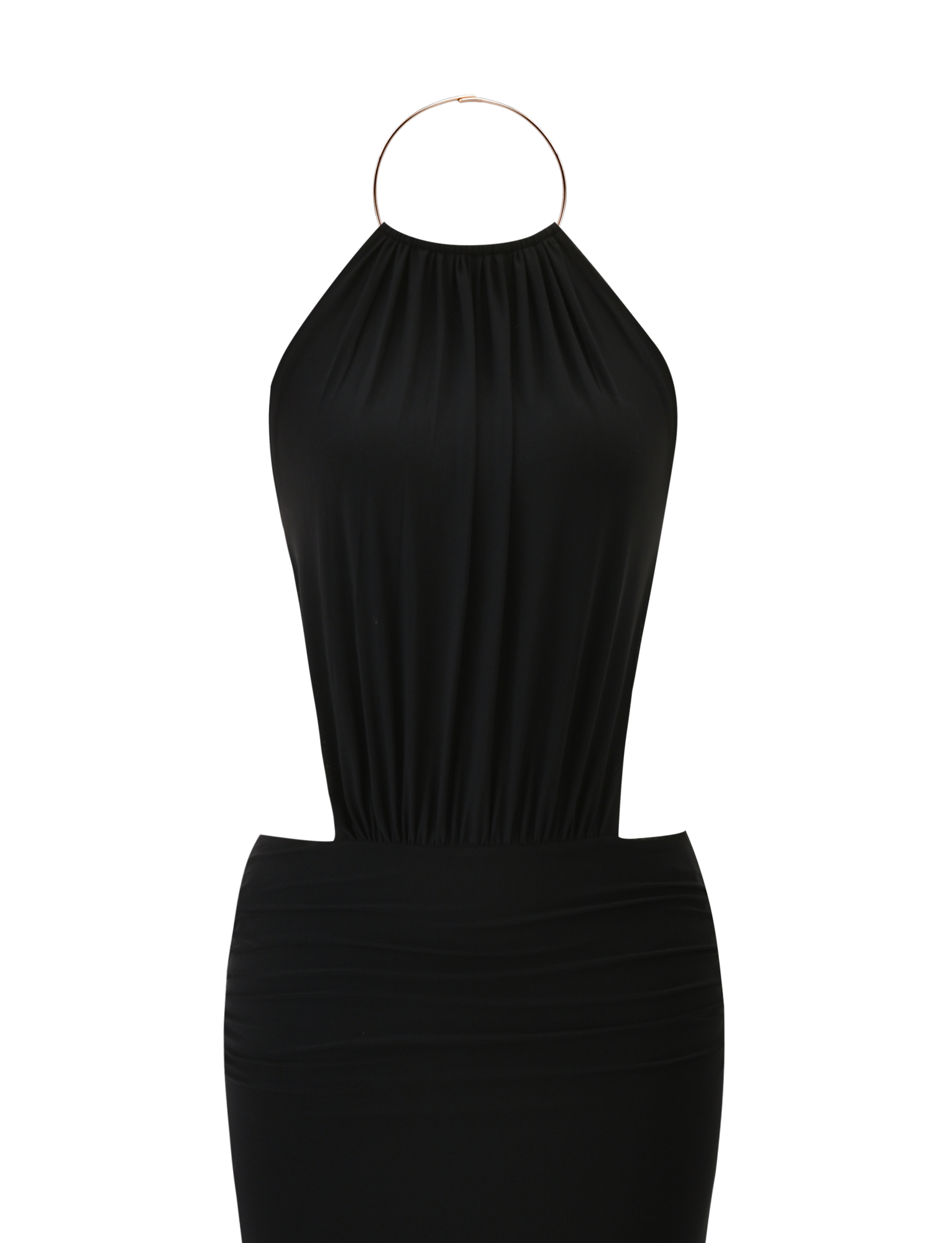 The TIGERMIST EVANNA MAXI DRESS in black features a sleeveless high neck, gathered bodice, thin gold neck strap, and open back, shown on a white background.