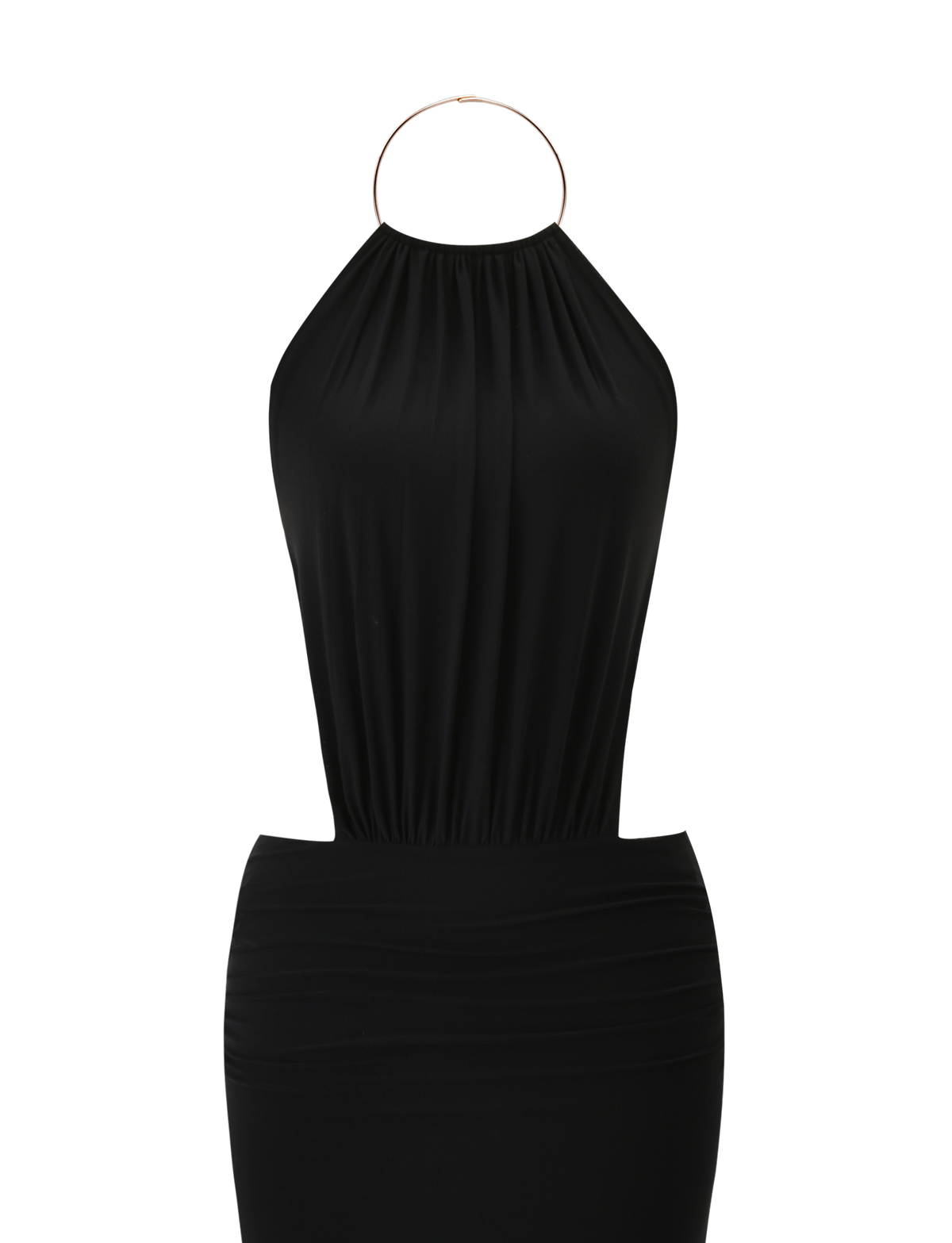 The TIGERMIST EVANNA MAXI DRESS in black features a sleeveless high neck, gathered bodice, thin gold neck strap, and open back, shown on a white background.