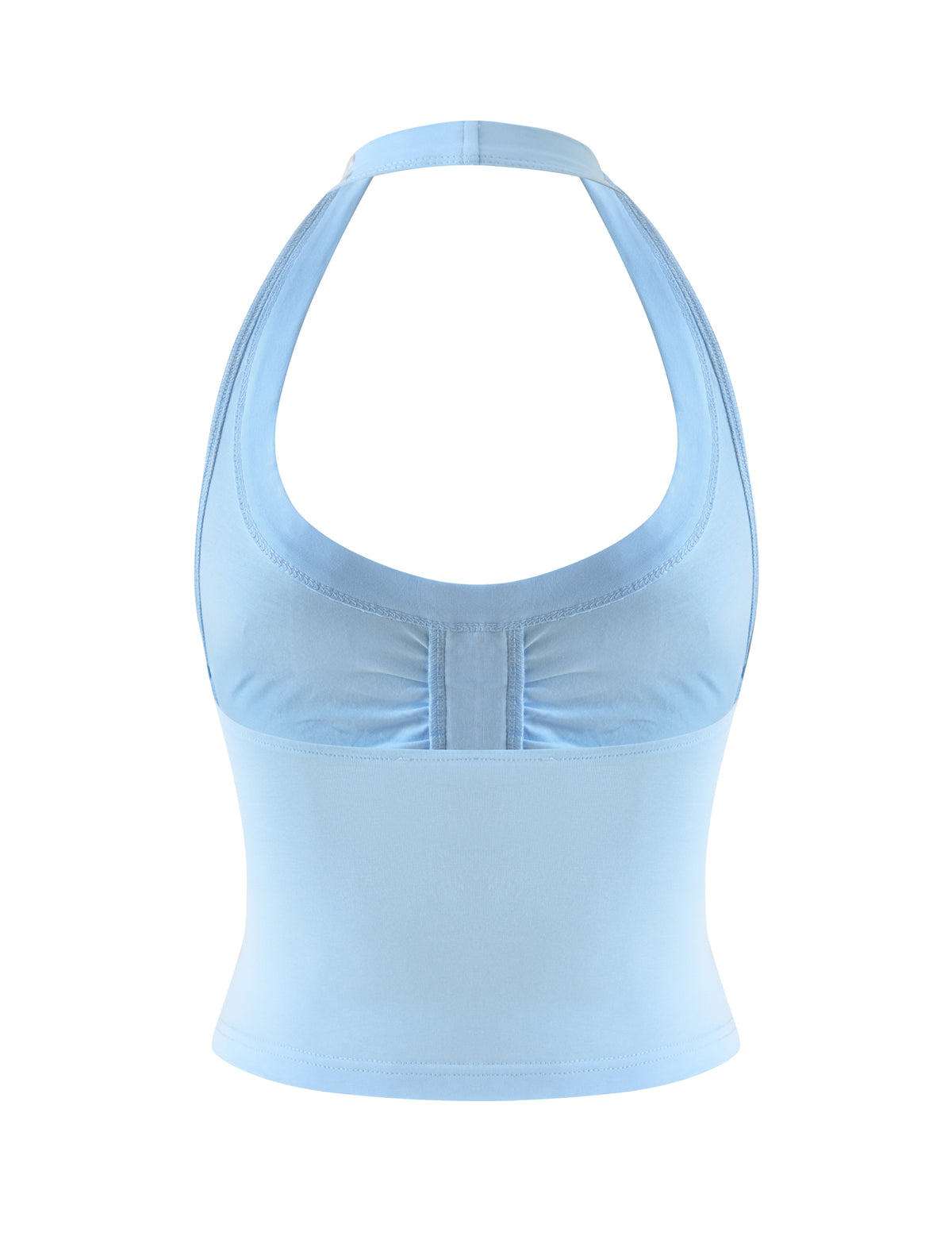 Baby blue NIKOLETTE TOP halter-neck top with a gathered sweetheart neckline.