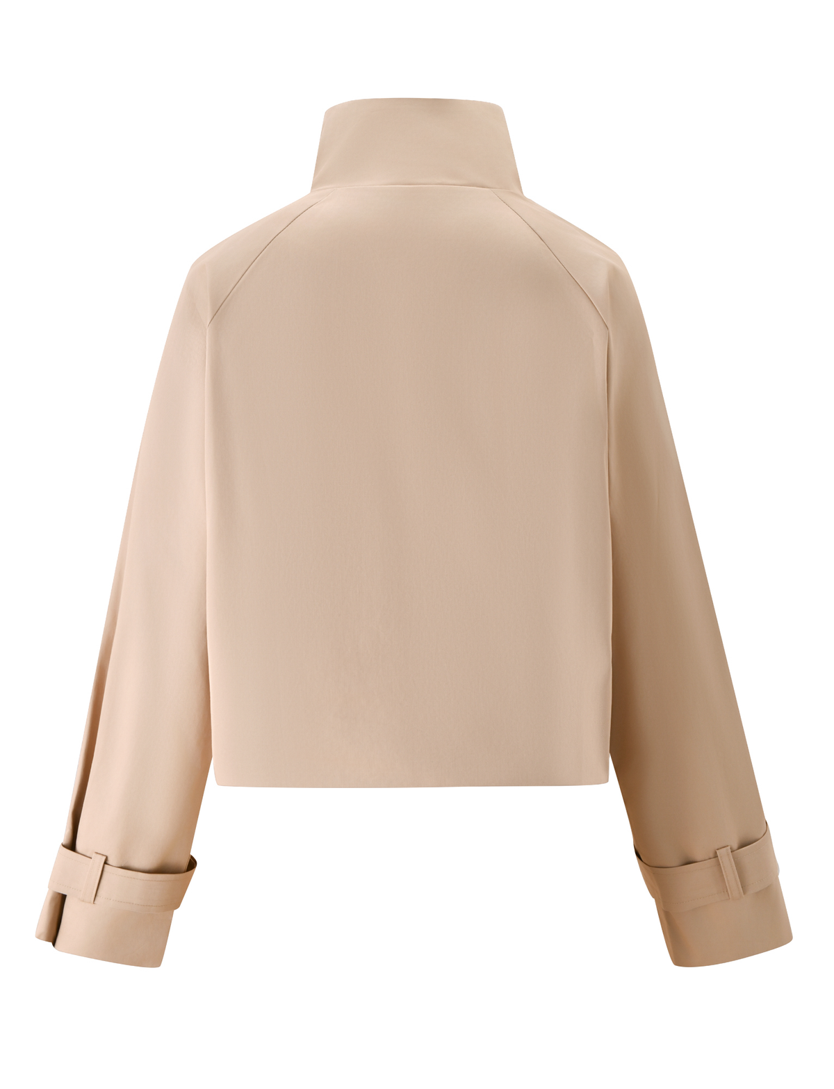 The HAYLEY CROPPED TRENCH JACKET by TIGERMIST is shown from the back in khaki, featuring a high collar, long sleeves with buckle strap cuffs, and a clean, boxy silhouette.