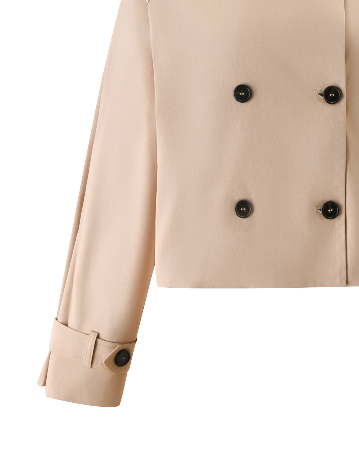 Cropped image of the TIGERMIST HAYLEY Cropped Trench Jacket in khaki, featuring a double-breasted design with black buttons, boxy fit, and cuffed sleeves.