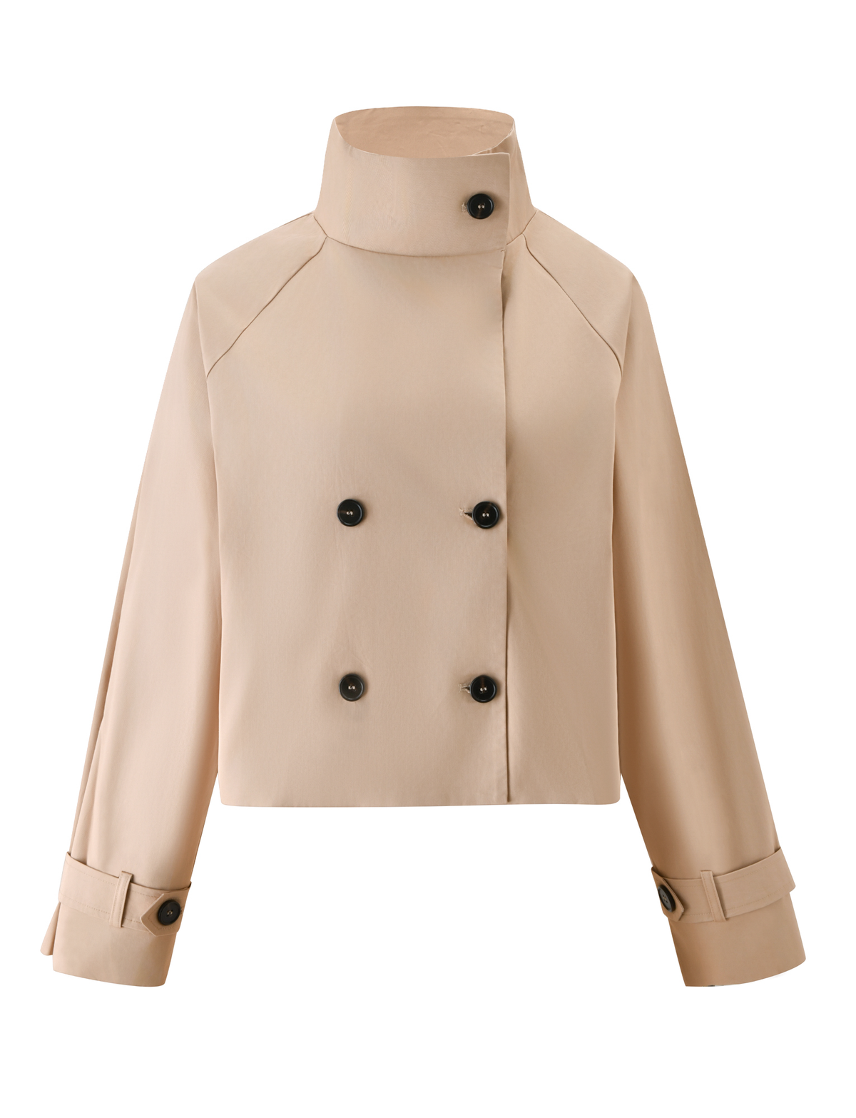 The HAYLEY CROPPED TRENCH JACKET by TIGERMIST is a khaki, double-breasted trench jacket with a cropped, boxy fit, black buttons, high collar, and long sleeves with buttoned cuffs.