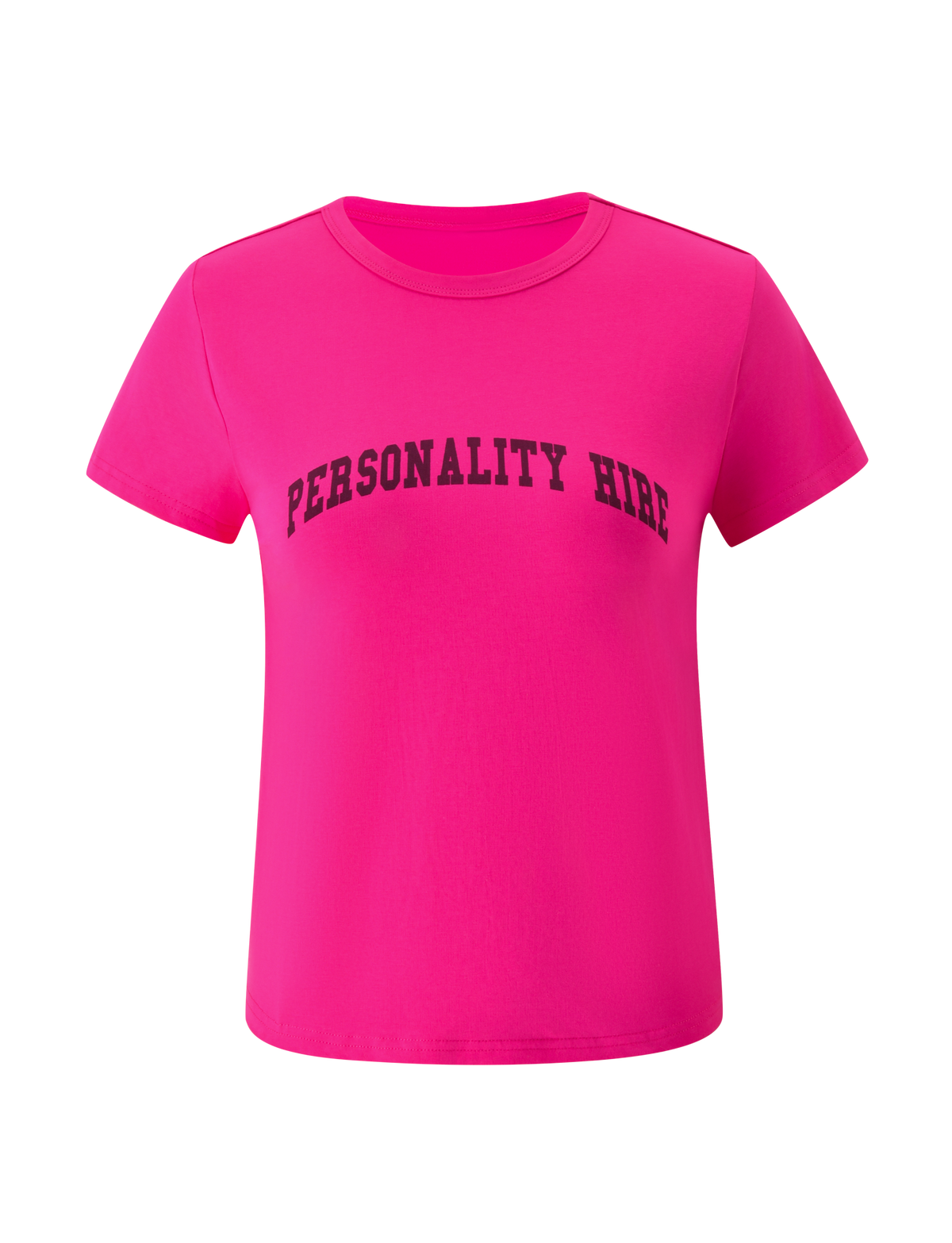 The BELLA BABY TEE - HOT PINK by TIGERMIST is a vibrant short-sleeve t-shirt featuring the phrase “PERSONALITY HIRE” in bold black lettering across the chest. This hot pink graphic tee exudes a playful and confident vibe and is showcased against a plain white background.