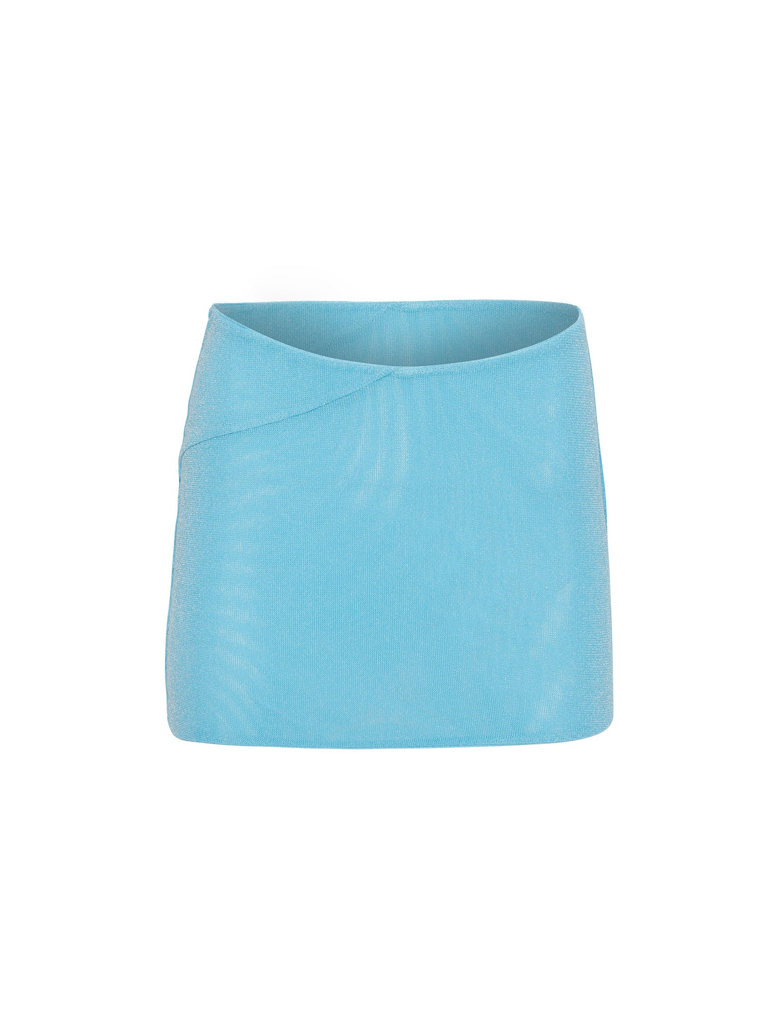 The COBI SKIRT - SHIMMER from TIGERMIST is shown in a light blue, high-waisted mini skirt design. It features a subtle shimmer finish and boasts a clean, minimalistic appearance with a slight asymmetrical seam on the left side, adding an elegant touch of detail to the smooth fabric.