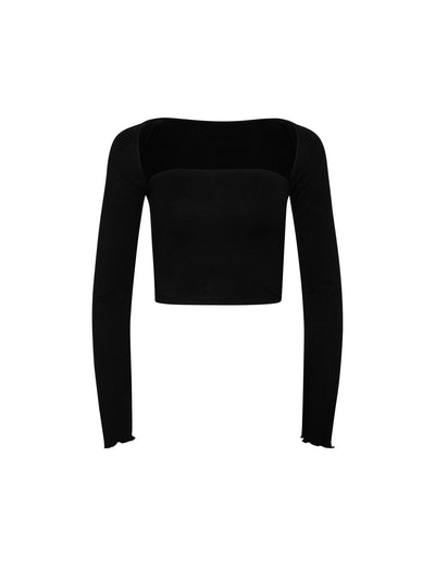 The SOPH TWO PIECE TOP - BLACK from TIGERMIST is a long-sleeved, square-neck crop top featuring slightly ruched details at the shoulder seams and subtle ruffles at the sleeve hems. With its fitted silhouette and minimalist design, this piece is tastefully displayed against a plain white background.