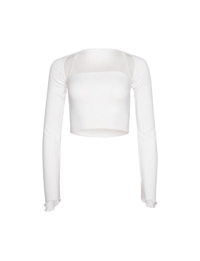 The SOPH TWO PIECE TOP - WHITE from TIGERMIST is a white, long-sleeved crop top featuring sheer mesh detailing at the shoulders. The sleeves taper at the wrists, and the hem of the top sits above the waist. Its lightweight and stretchy fabric make it a stylish and contemporary choice.