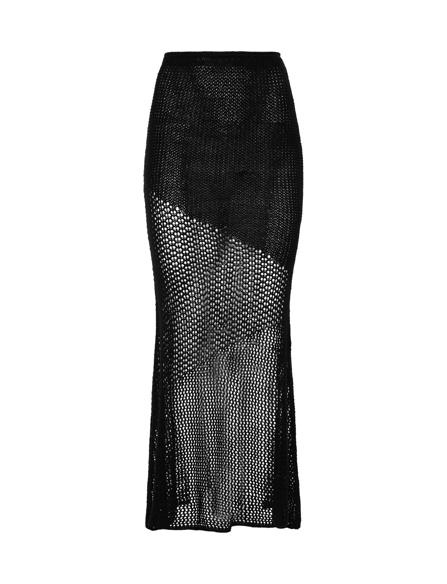 The MACAULEY SKIRT - BLACK by TIGERMIST is showcased against a white background. This black crocheted maxi skirt features a high waist and a slightly flared hem, with an opaque diagonal pattern extending from mid-thigh to below the knee, enhancing its unique and stylish design.