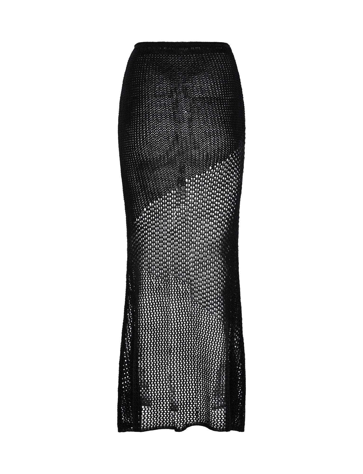 The MACAULEY SKIRT - BLACK from TIGERMIST is an ankle-length skirt that features a fitted silhouette. This black mesh skirt has an intricate netted design, providing a sheer appearance and slightly flared hemline.